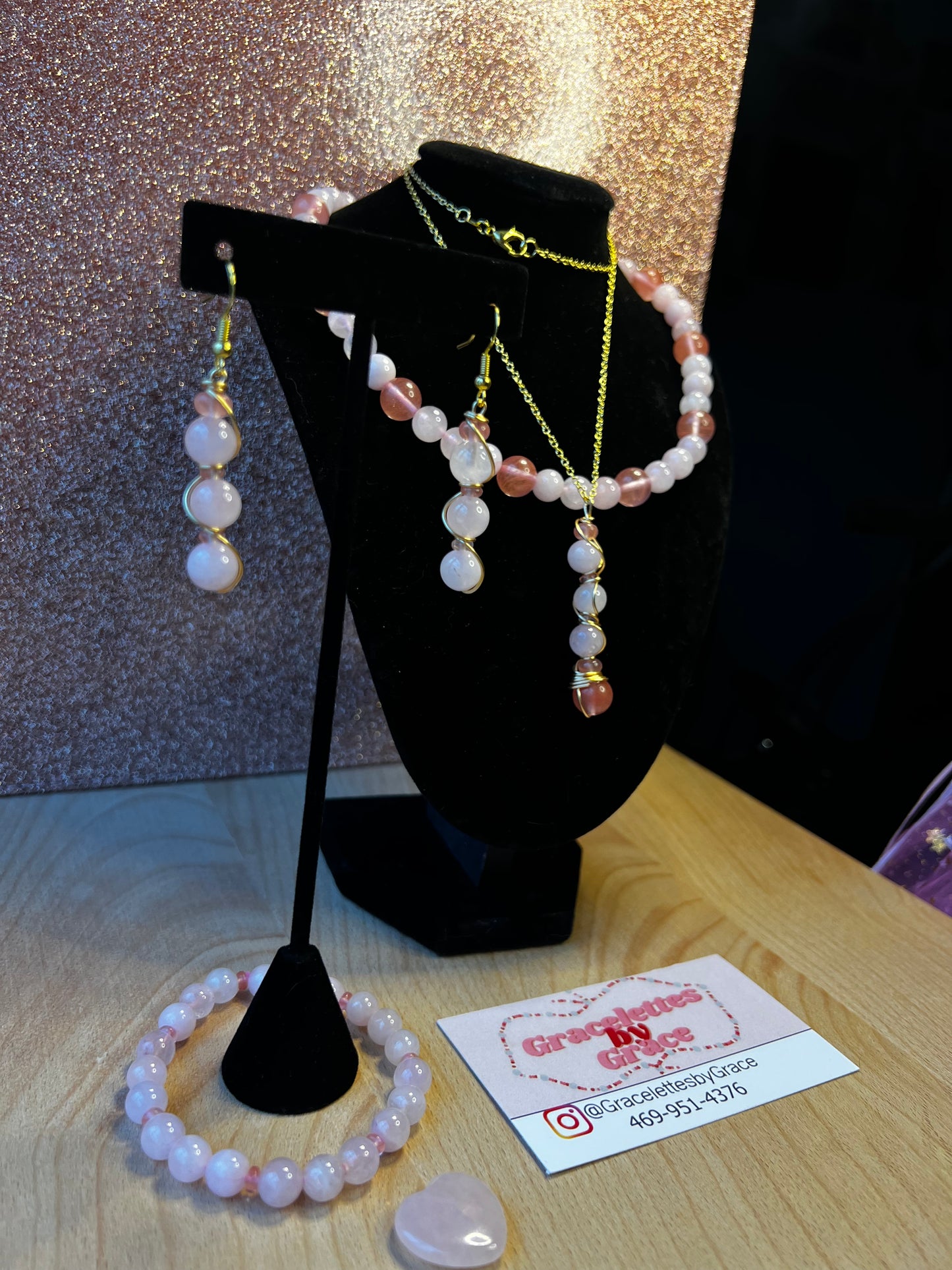 Cherry Quartz & Rose Quartz Set with Choker, Bracelet, Earrings, Necklace