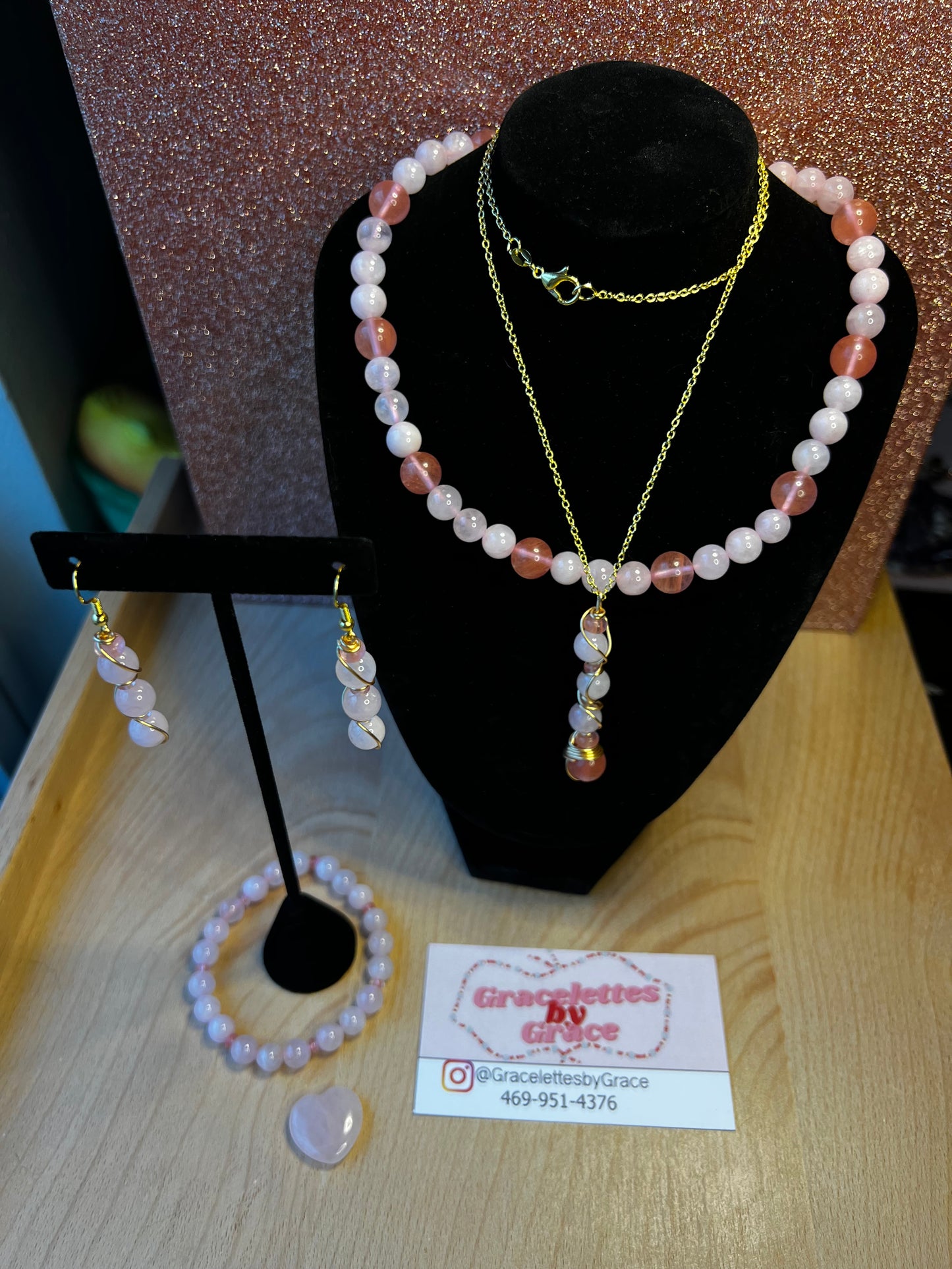 Cherry Quartz & Rose Quartz Set with Choker, Bracelet, Earrings, Necklace