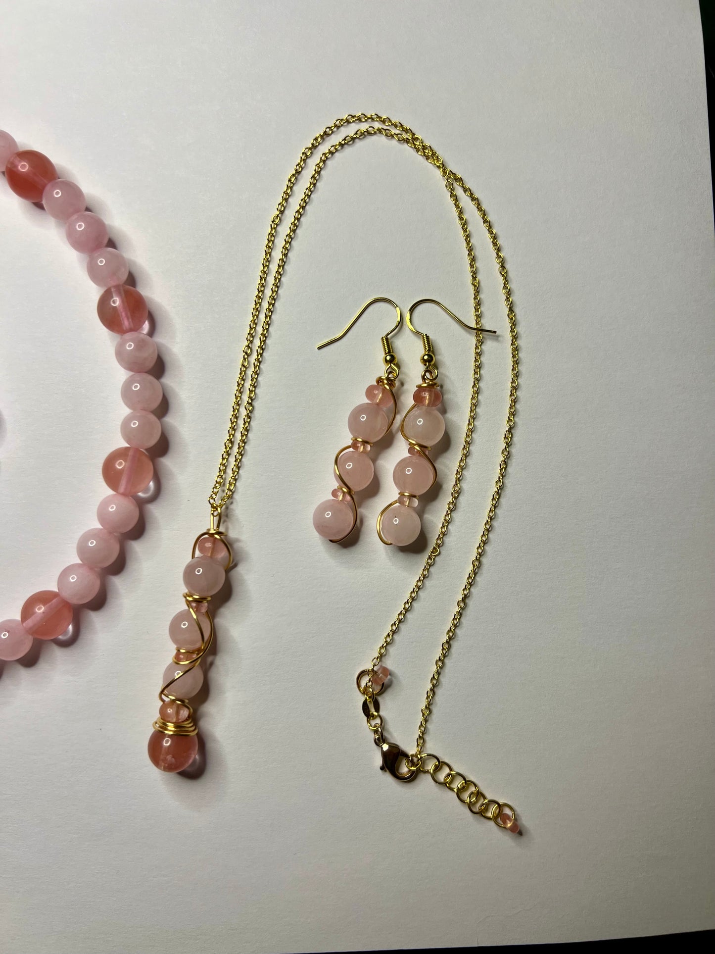 Cherry Quartz & Rose Quartz Set with Choker, Bracelet, Earrings, Necklace