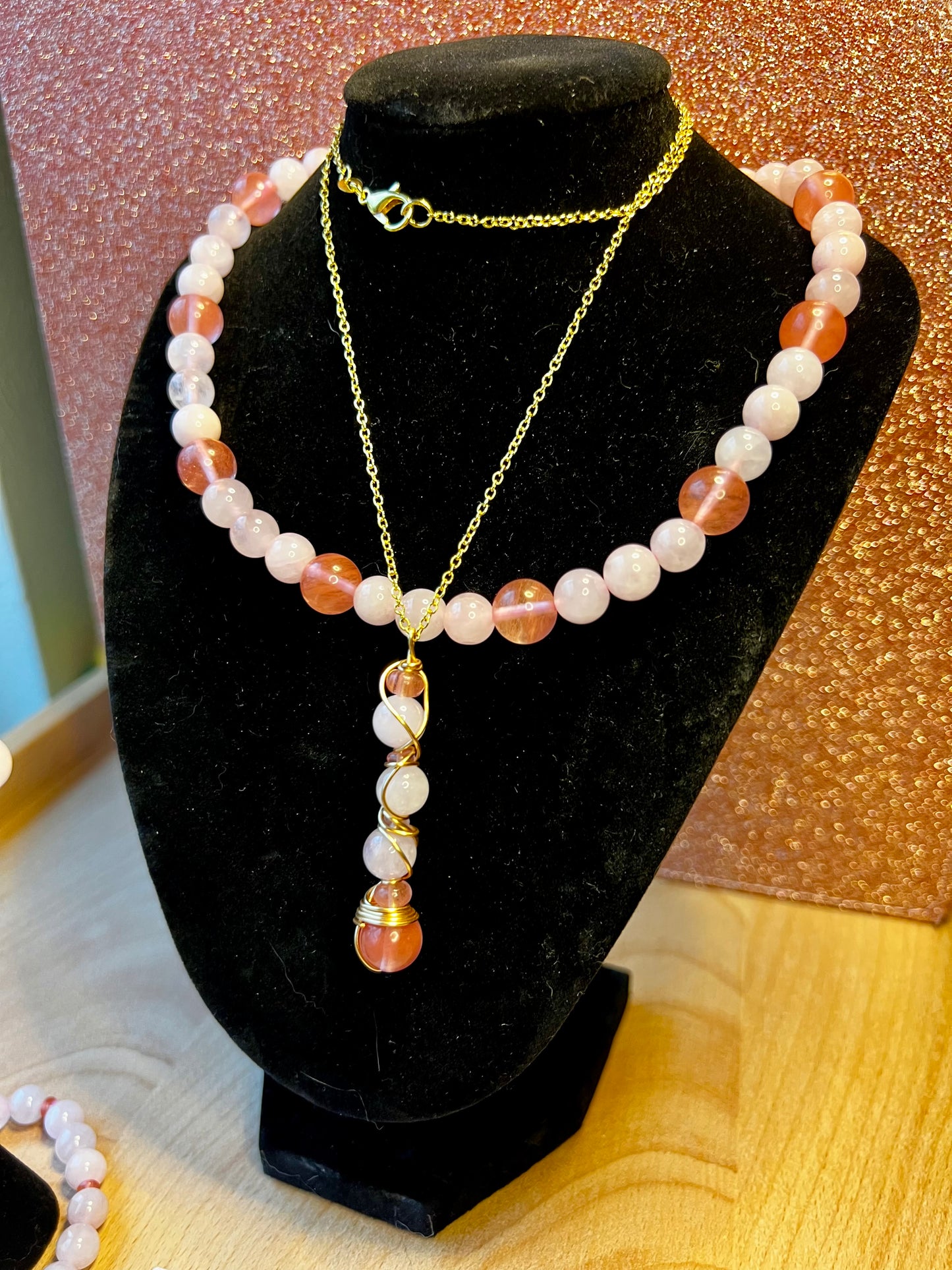 Cherry Quartz & Rose Quartz Set with Choker, Bracelet, Earrings, Necklace