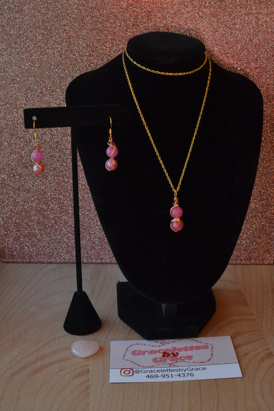 Pink Jade & Gold Set – Heart-Centered Confidence & Grace (925 Necklace + Earrings)
