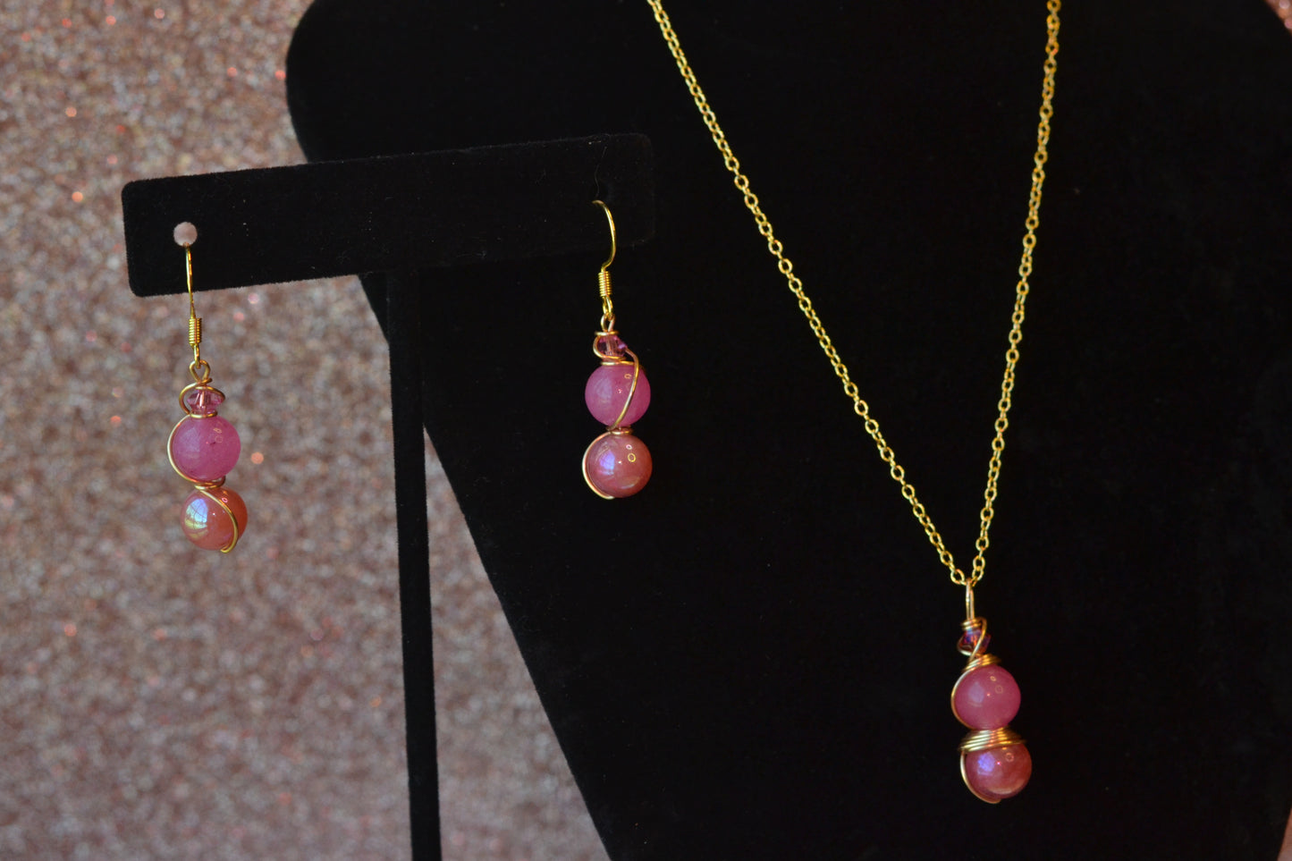 Pink Jade & Gold Set – Heart-Centered Confidence & Grace (925 Necklace + Earrings)
