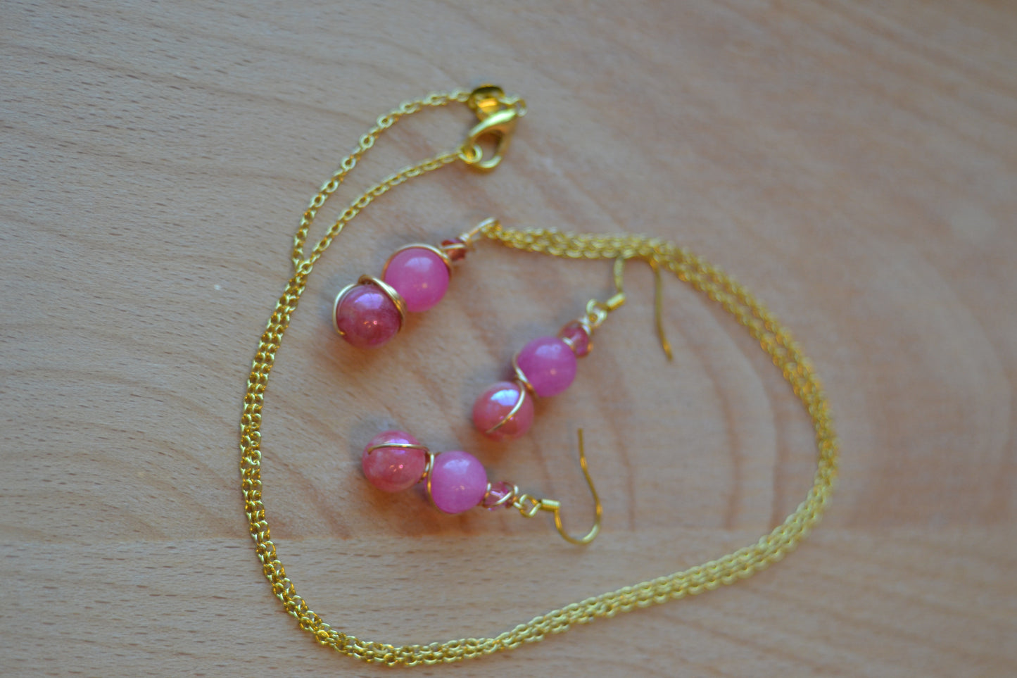 Pink Jade & Gold Set – Heart-Centered Confidence & Grace (925 Necklace + Earrings)