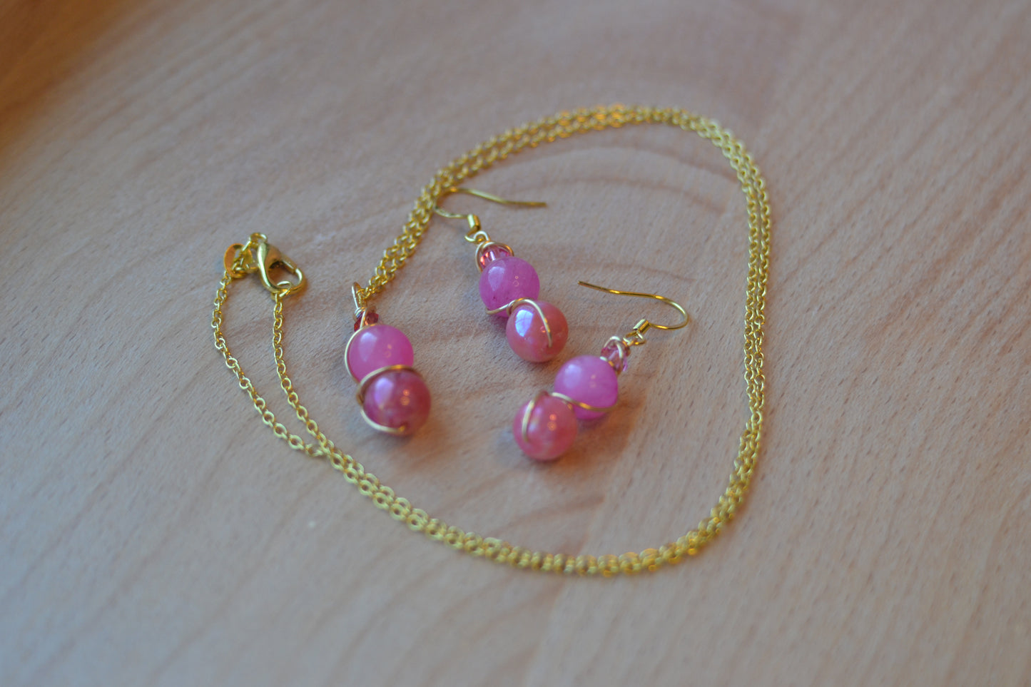 Pink Jade & Gold Set – Heart-Centered Confidence & Grace (925 Necklace + Earrings)