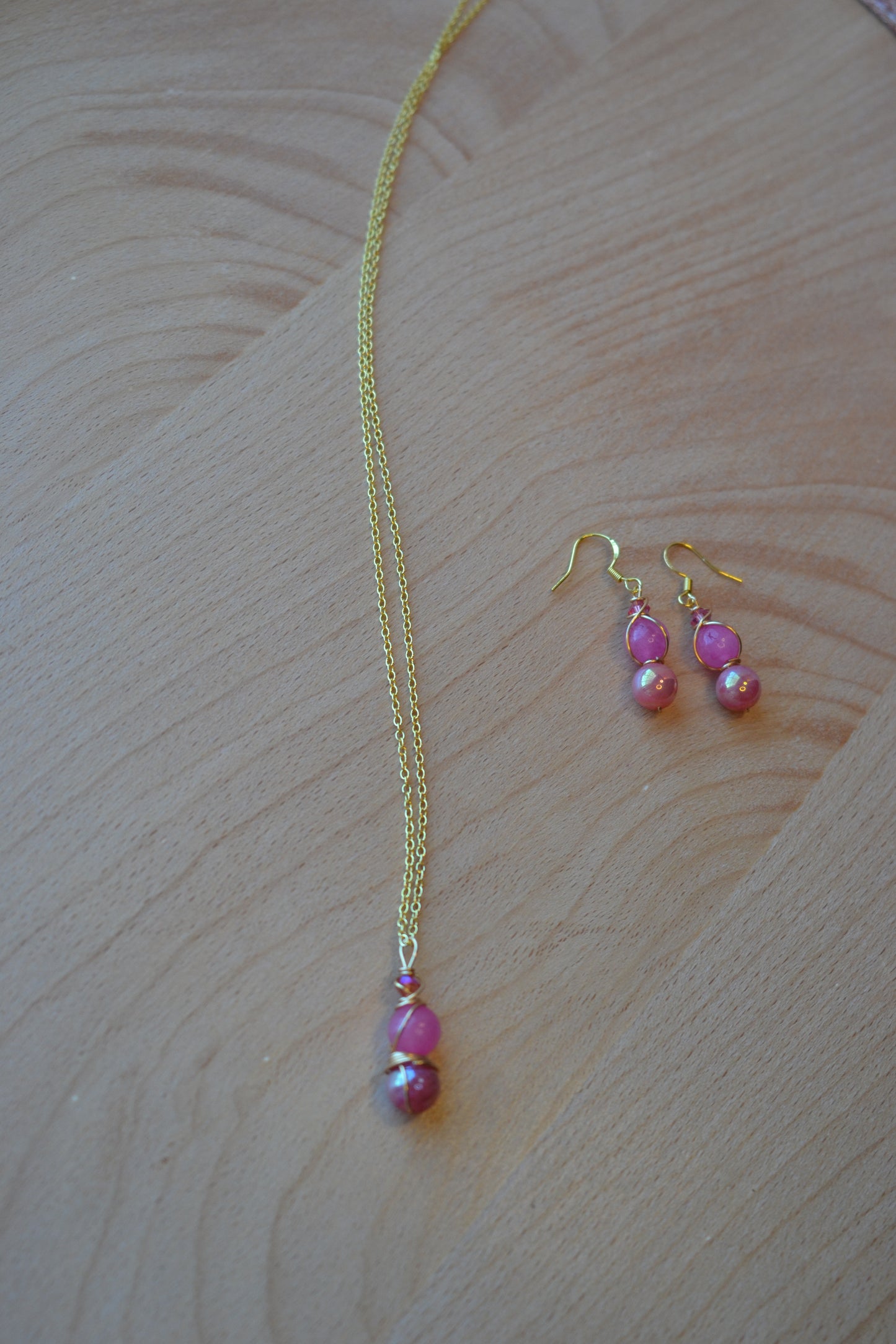 Pink Jade & Gold Set – Heart-Centered Confidence & Grace (925 Necklace + Earrings)