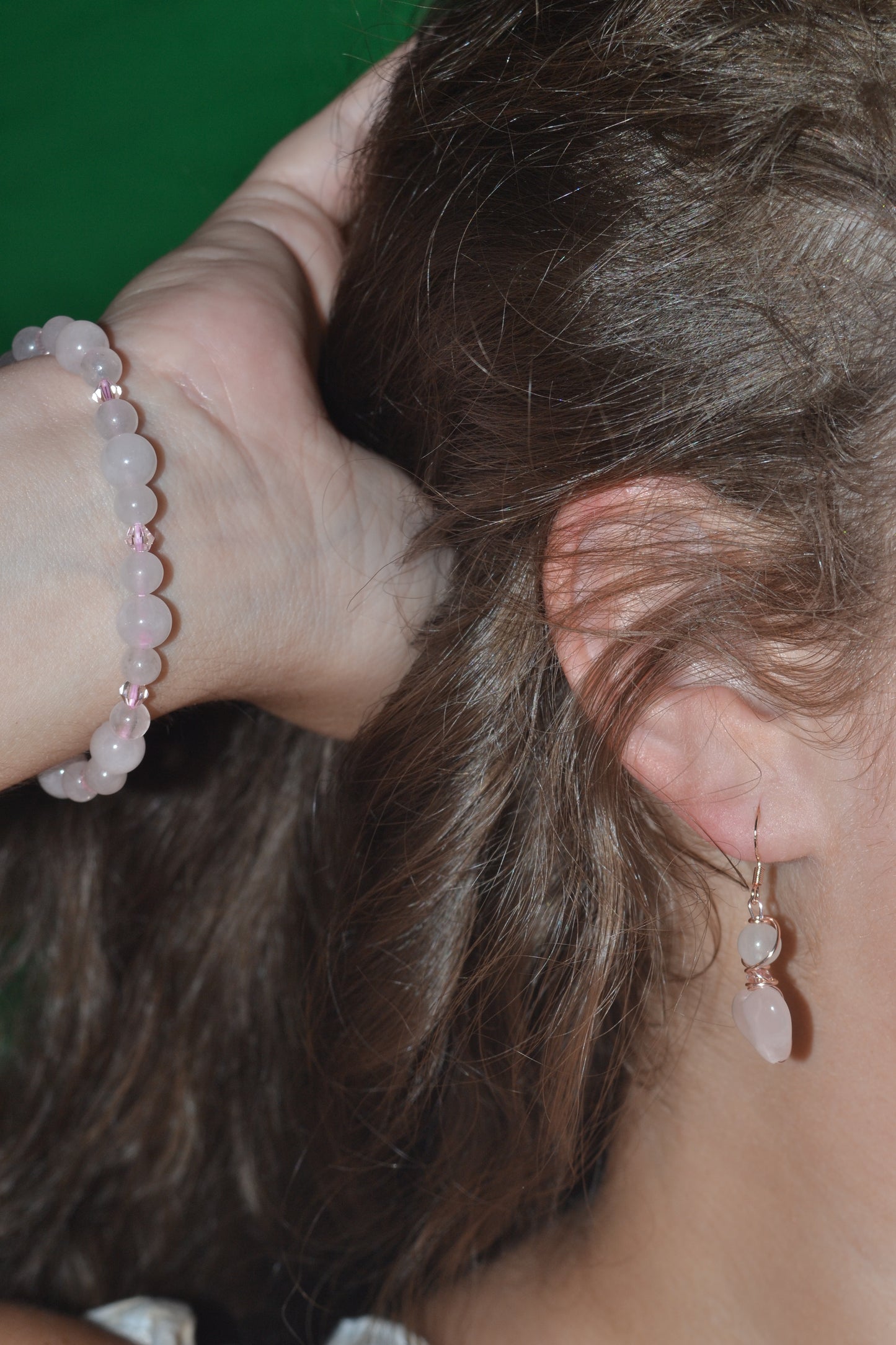 Rose Gold Rose Quartz Heart Earrings & Bracelet Set – Love & Sweetness