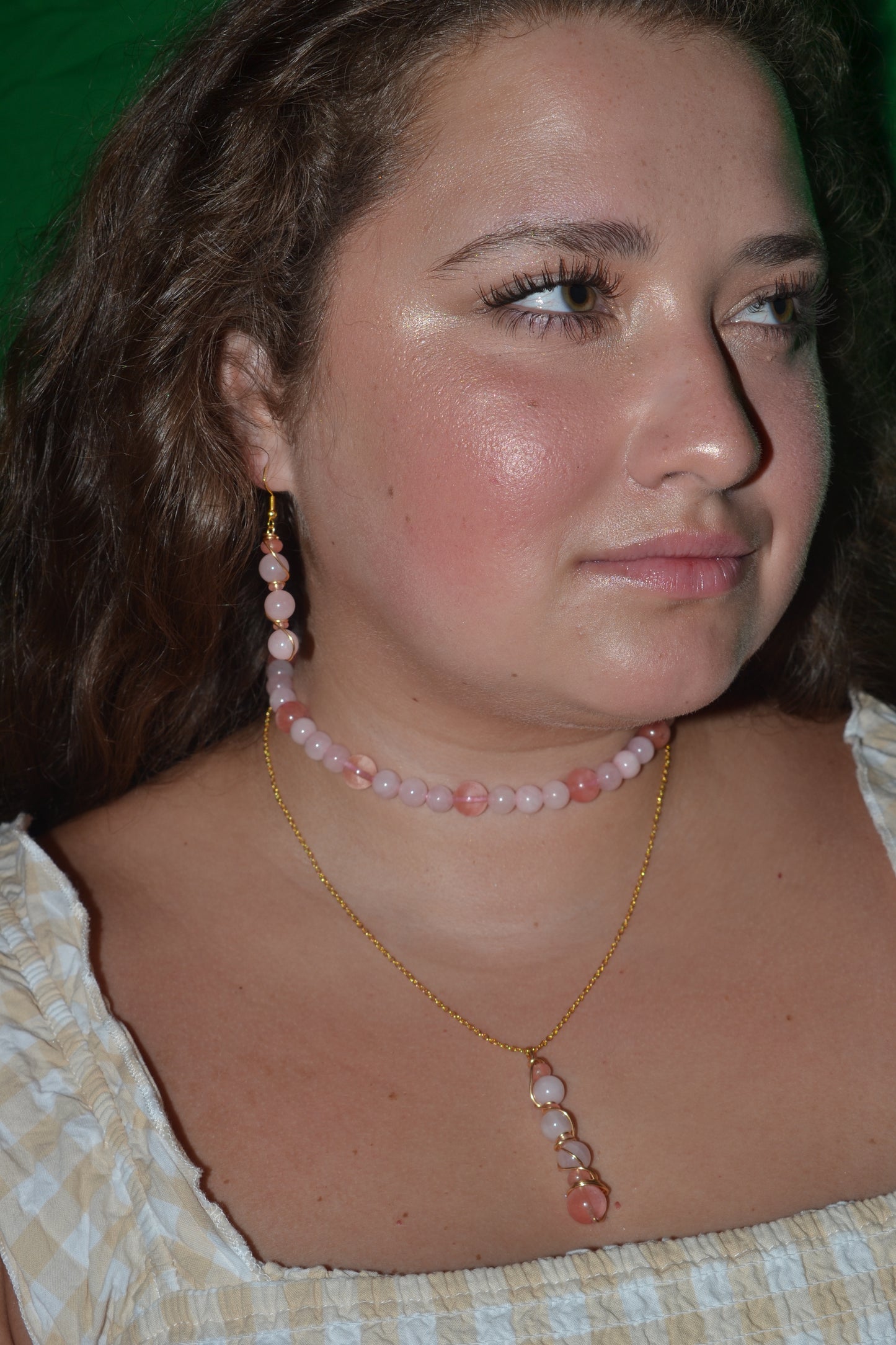 Cherry Quartz & Rose Quartz Set with Choker, Bracelet, Earrings, Necklace