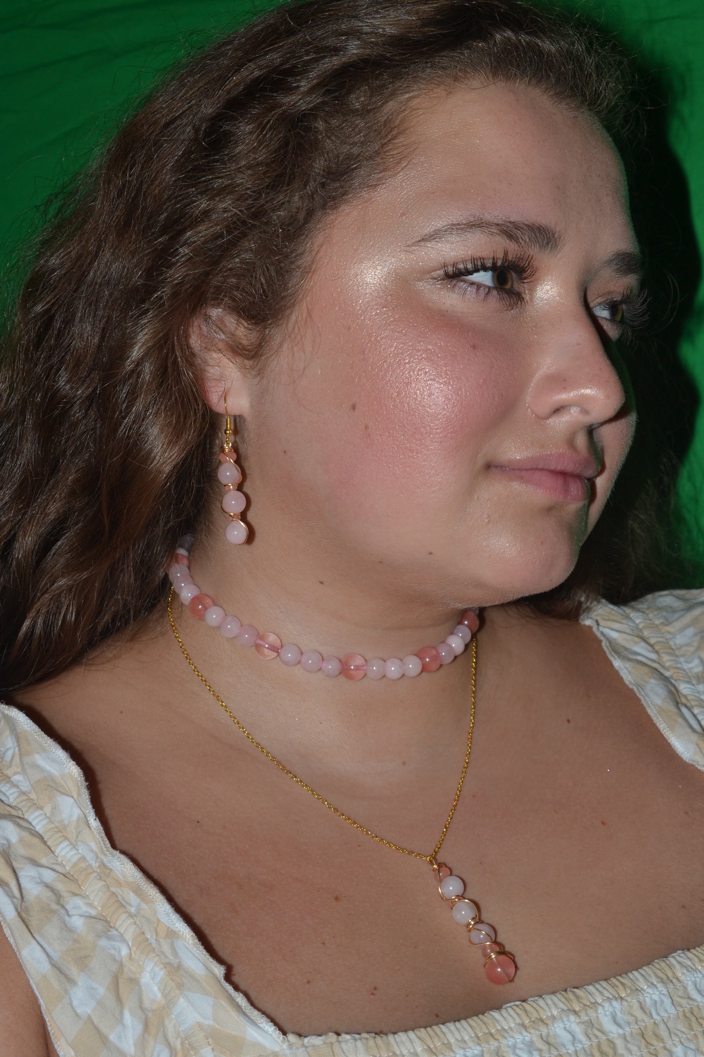 Cherry Quartz & Rose Quartz Set with Choker, Bracelet, Earrings, Necklace