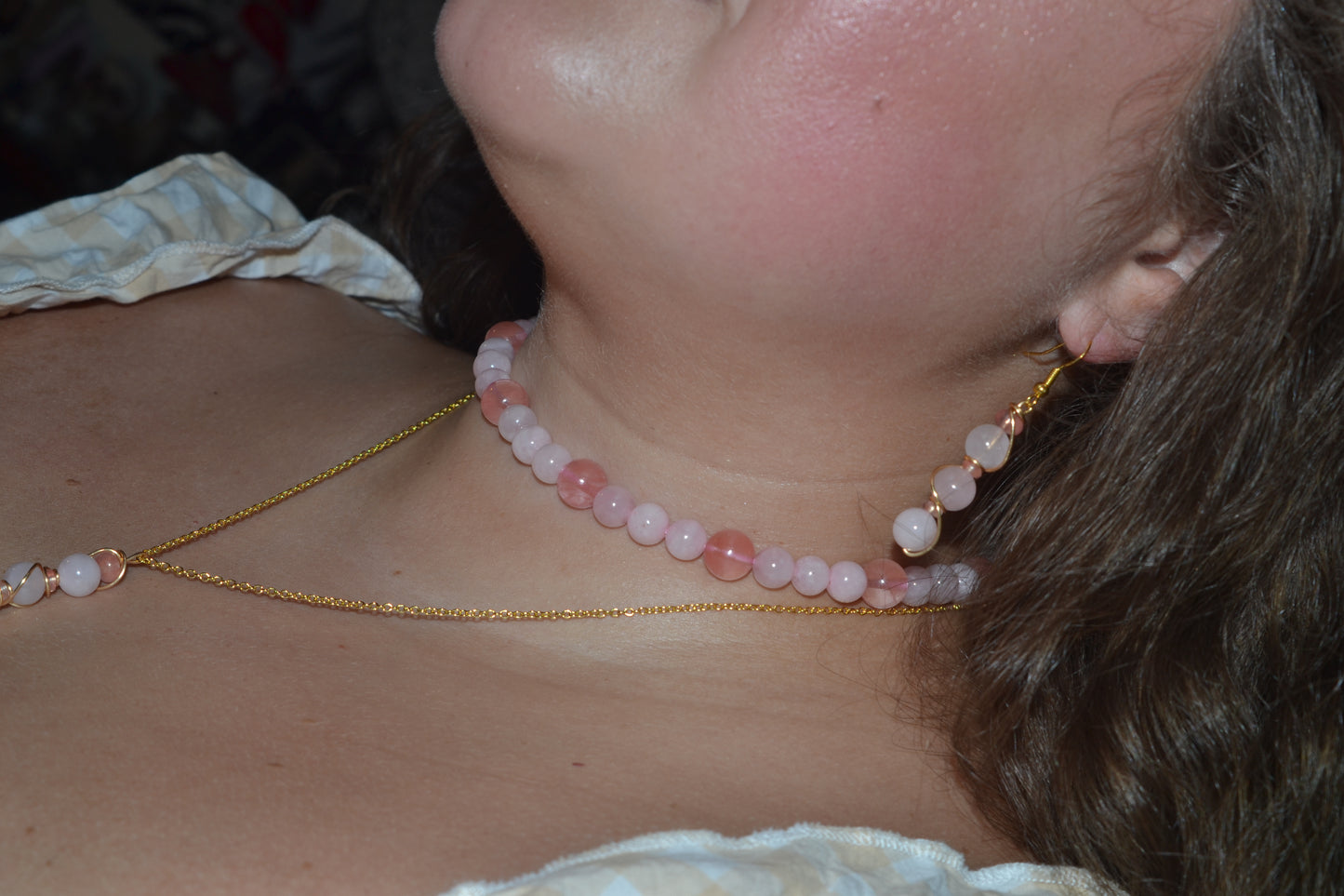 Cherry Quartz & Rose Quartz Set with Choker, Bracelet, Earrings, Necklace
