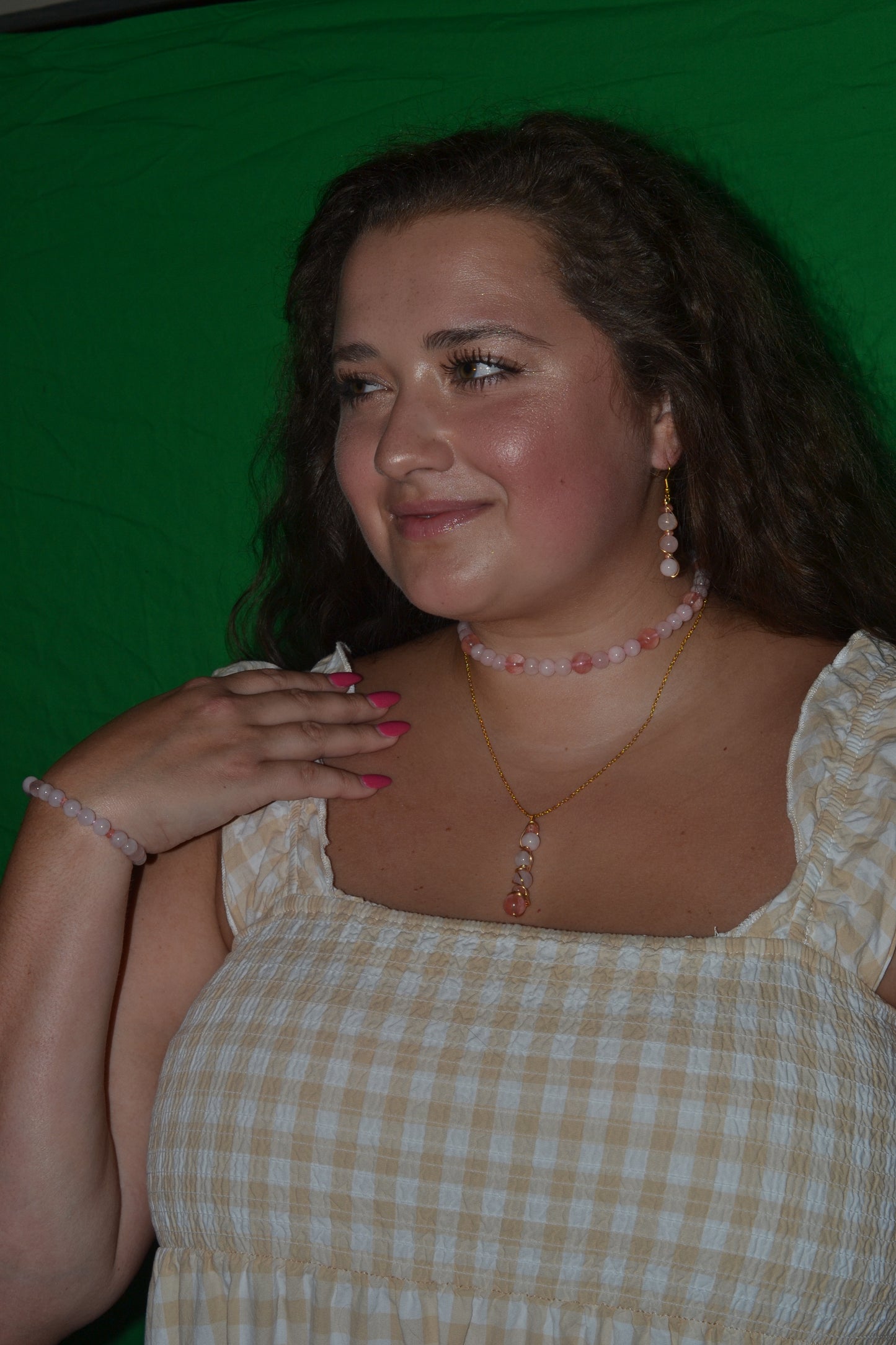 Cherry Quartz & Rose Quartz Set with Choker, Bracelet, Earrings, Necklace
