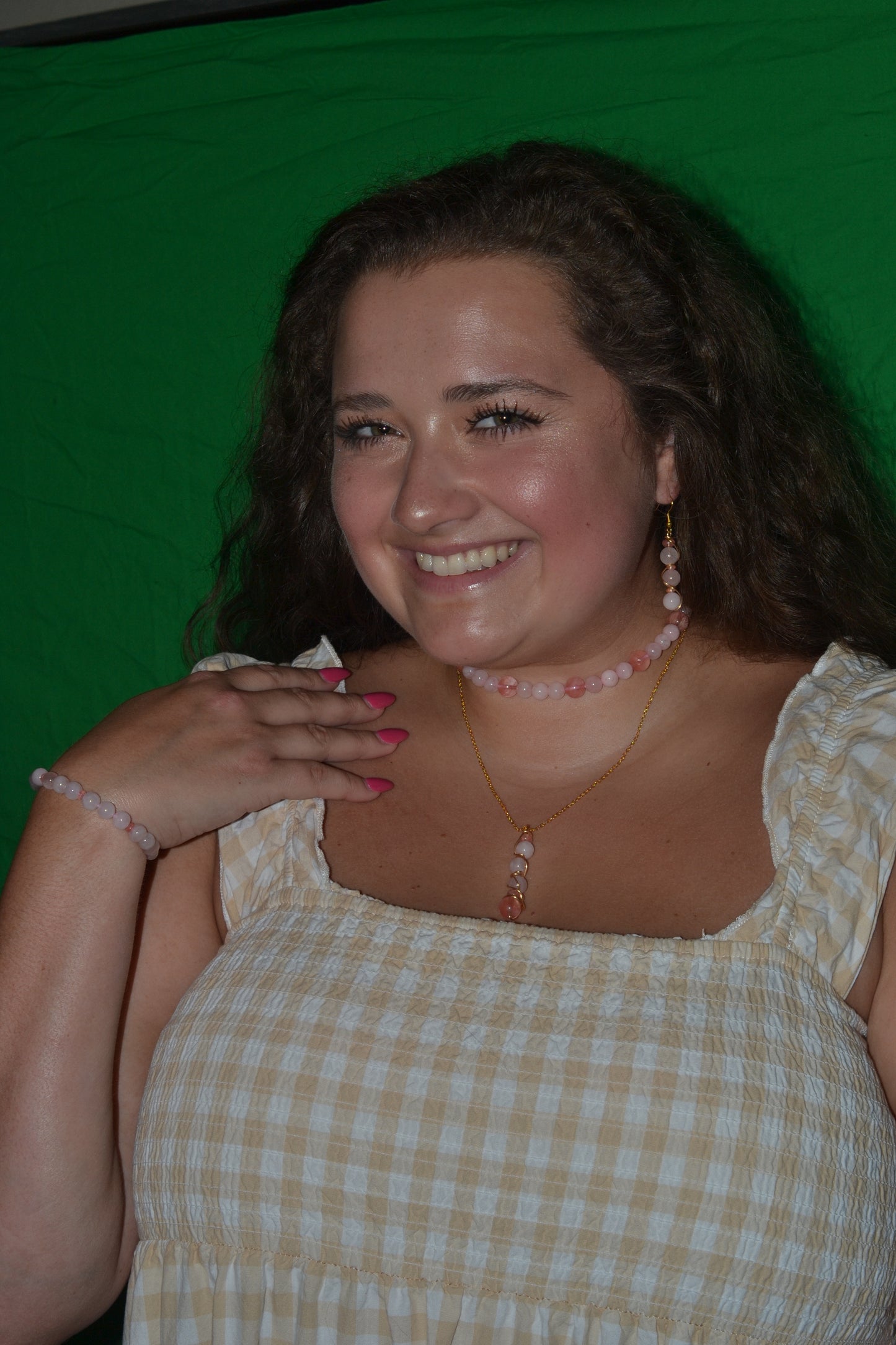 Cherry Quartz & Rose Quartz Set with Choker, Bracelet, Earrings, Necklace