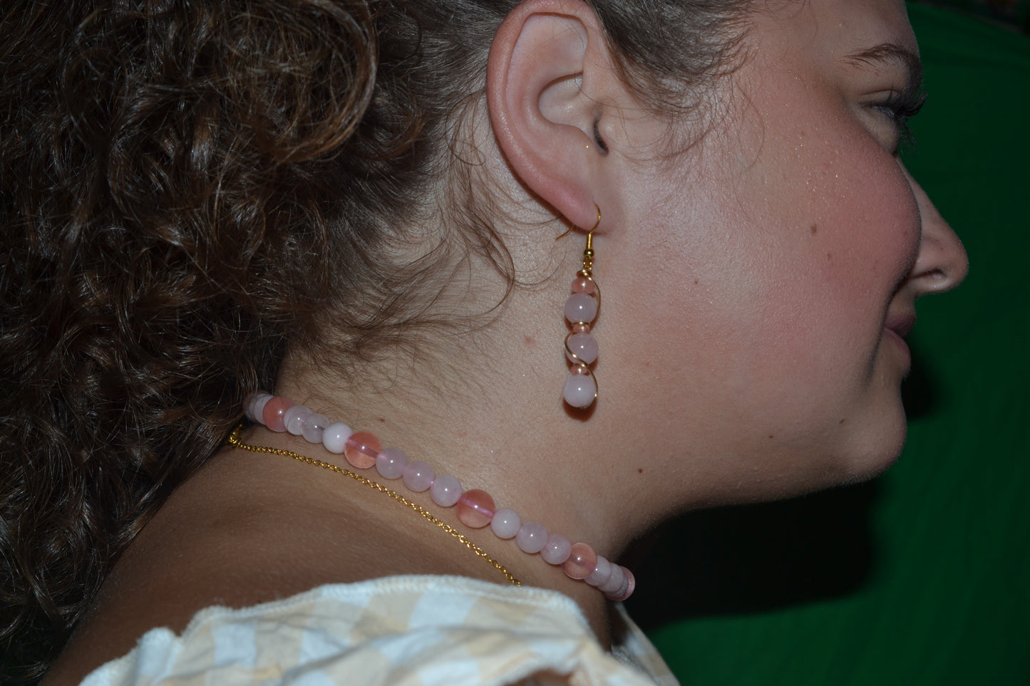 Cherry Quartz & Rose Quartz Set with Choker, Bracelet, Earrings, Necklace