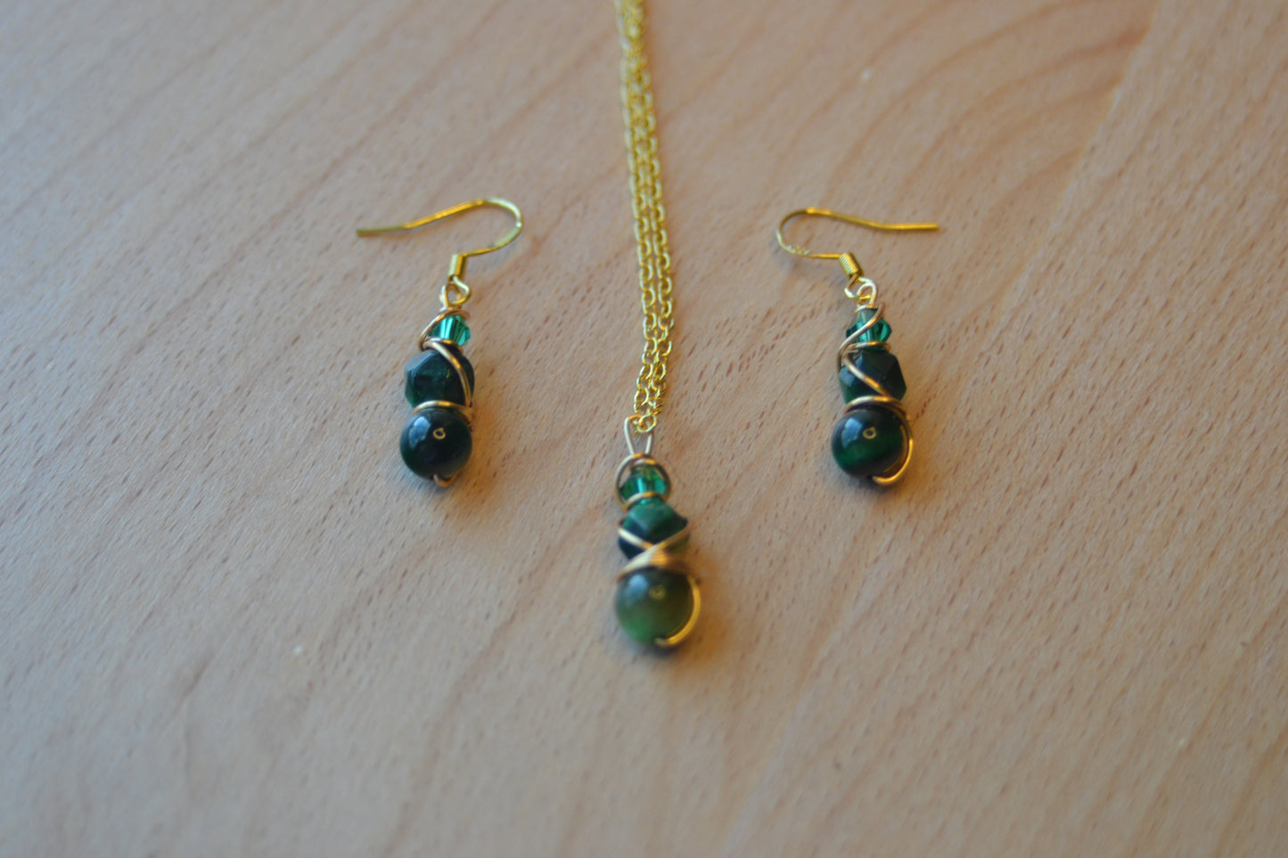 Green Tiger’s Eye & Gold Set – Power, Focus & Abundance (925 Necklace + Earrings)