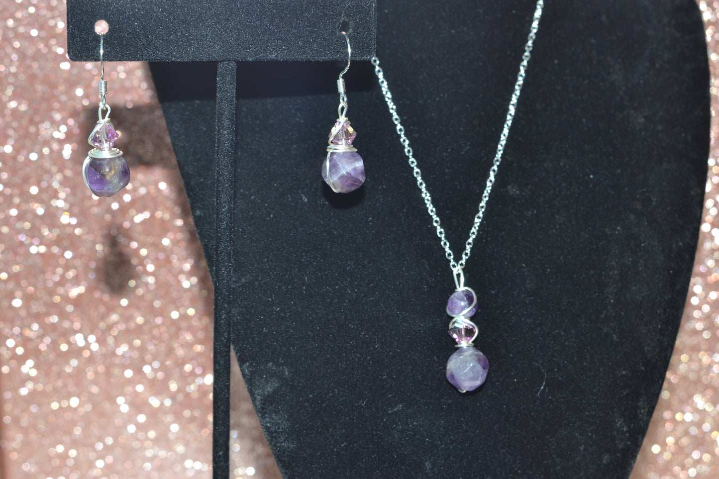 Amethyst & Crystal Sterling Silver Set – Intuition & Elegance (925 Necklace + Earrings)