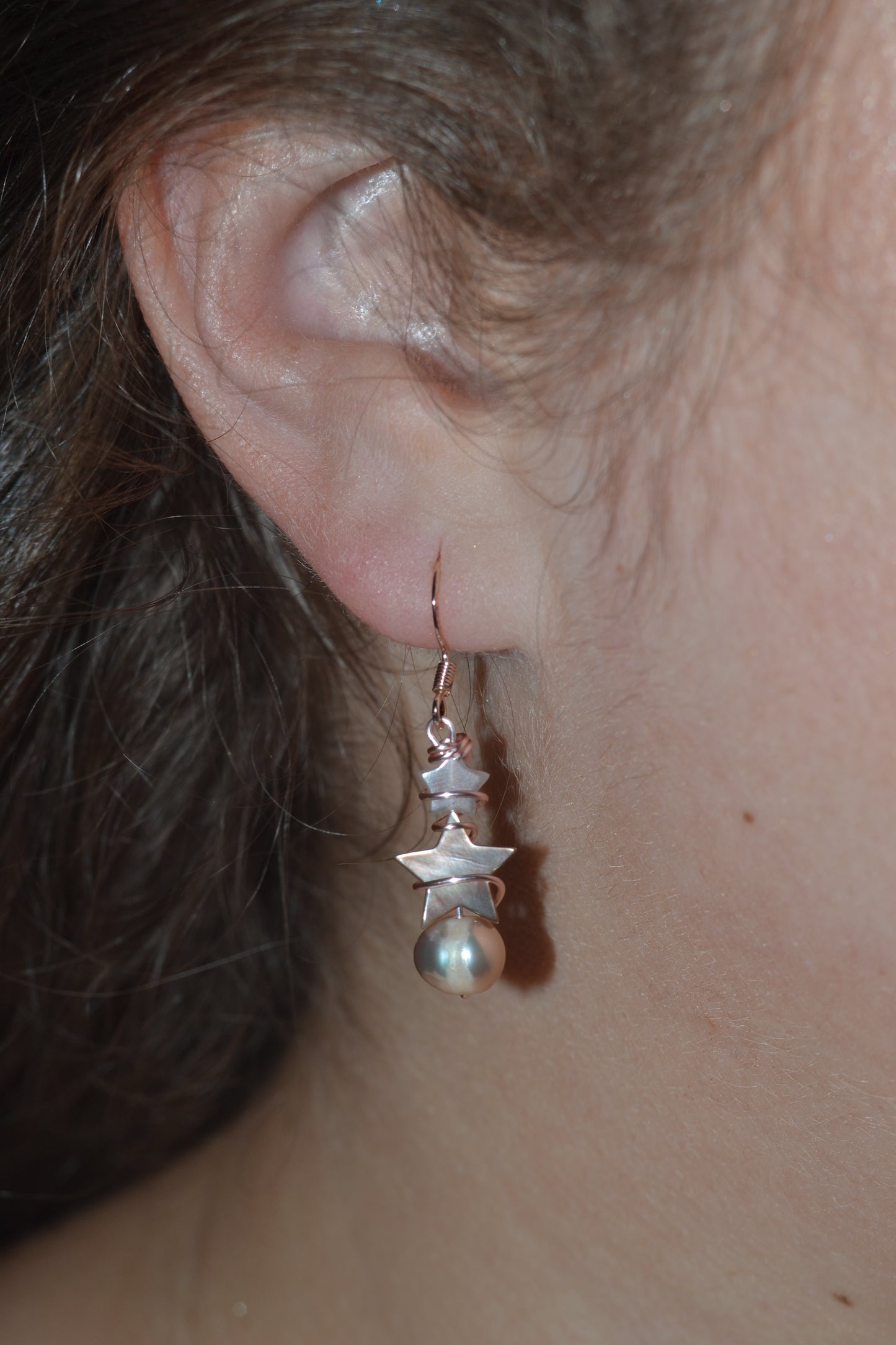 Double Star Earrings – Strawberry Quartz, Mother of Pearl & Freshwater Pearl in Rose Gold