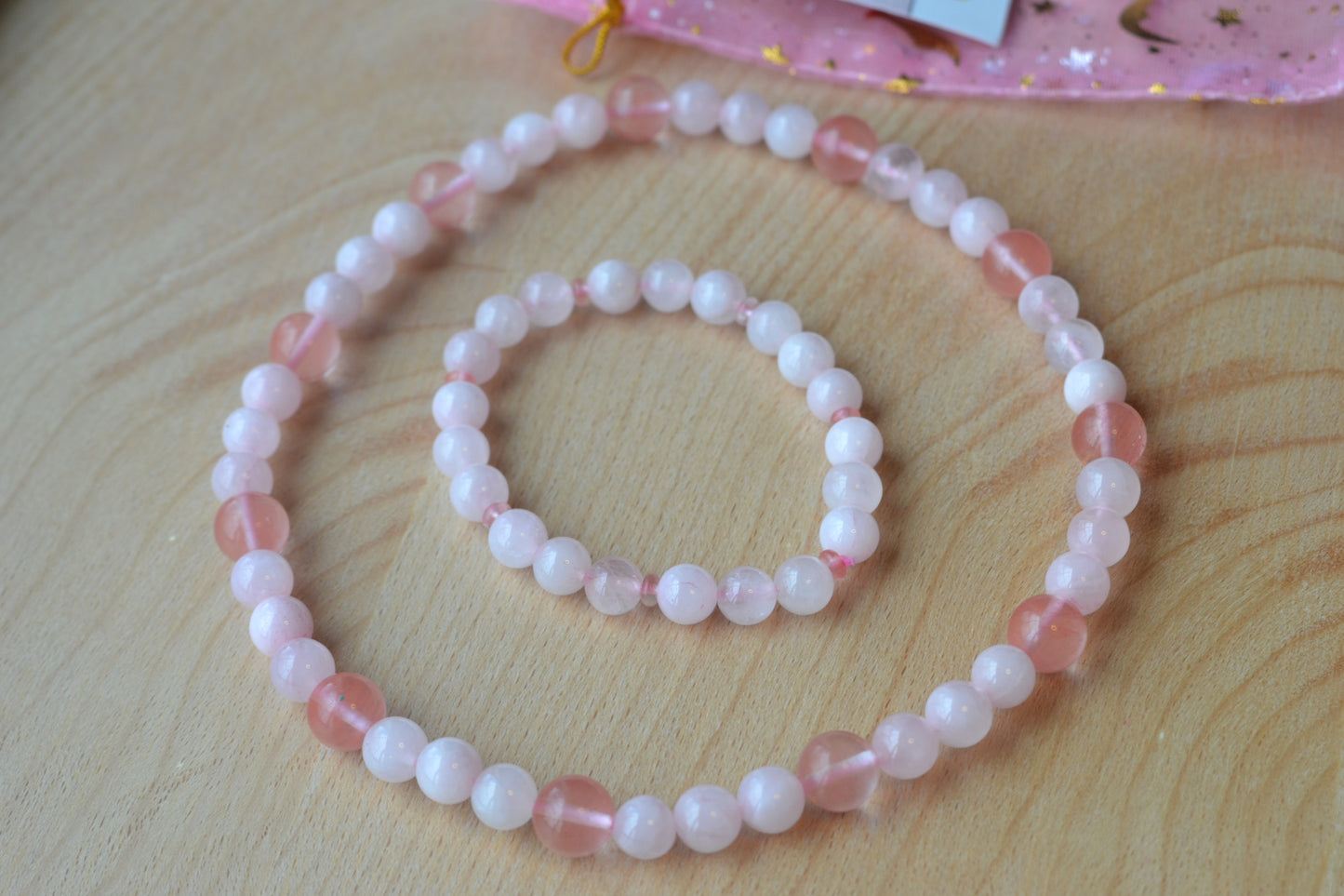 Cherry Quartz & Rose Quartz Set with Choker, Bracelet, Earrings, Necklace