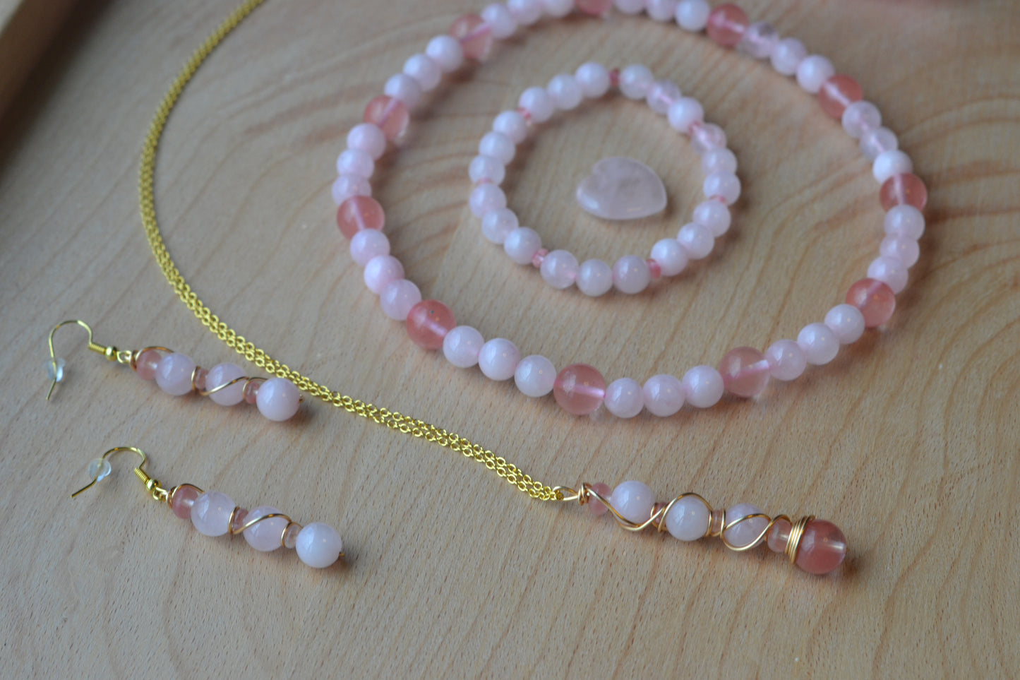 Cherry Quartz & Rose Quartz Set with Choker, Bracelet, Earrings, Necklace