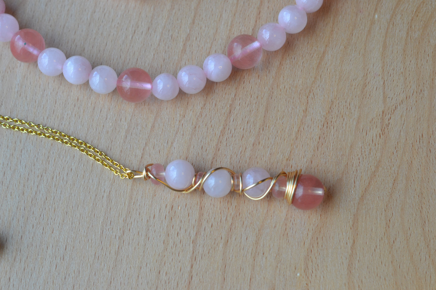 Cherry Quartz & Rose Quartz Set with Choker, Bracelet, Earrings, Necklace