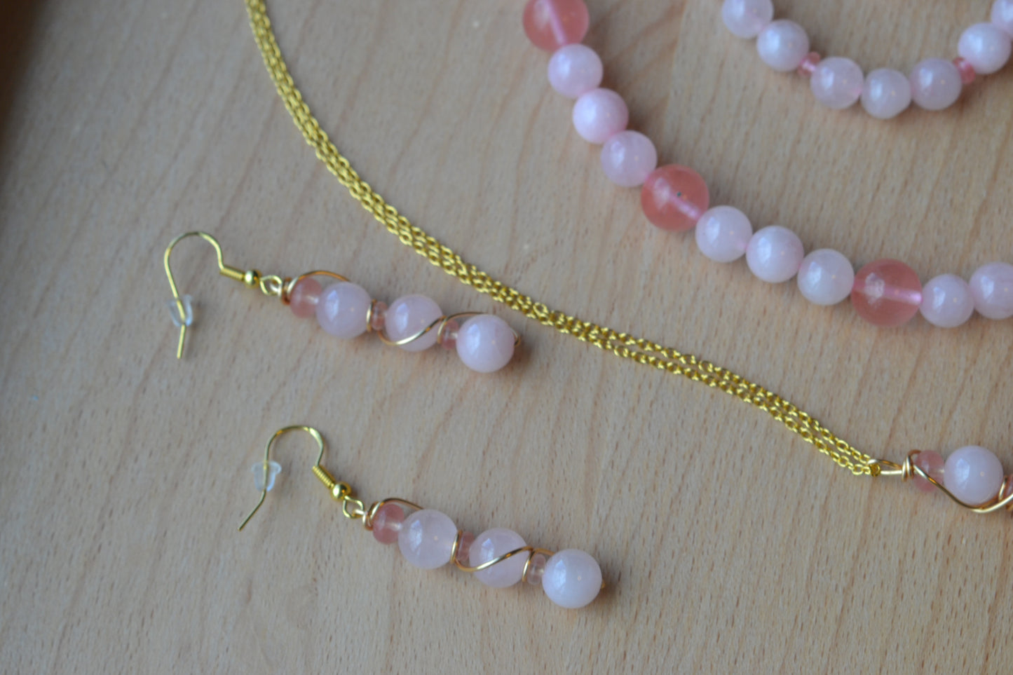 Cherry Quartz & Rose Quartz Set with Choker, Bracelet, Earrings, Necklace