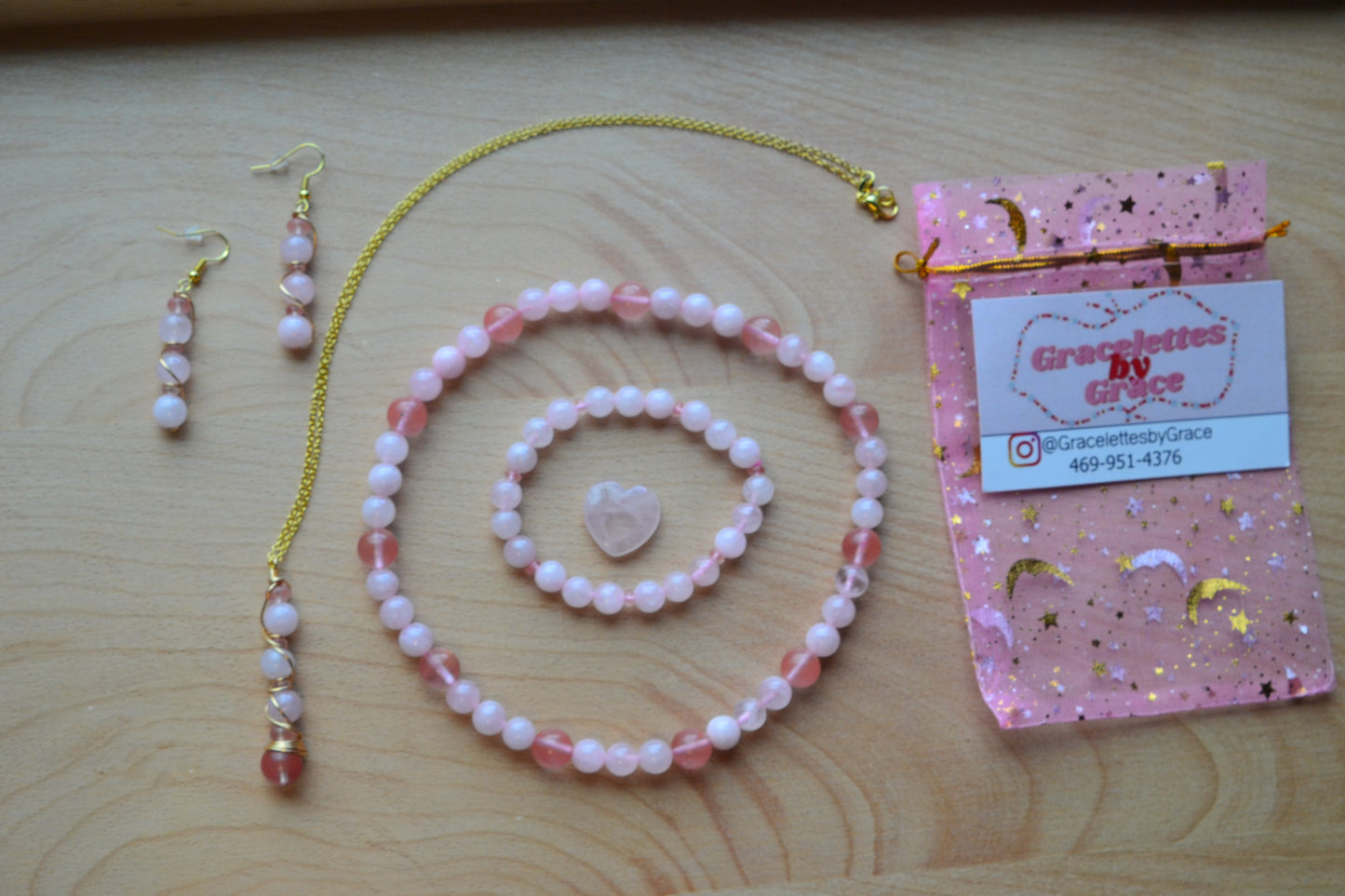Cherry Quartz & Rose Quartz Set with Choker, Bracelet, Earrings, Necklace