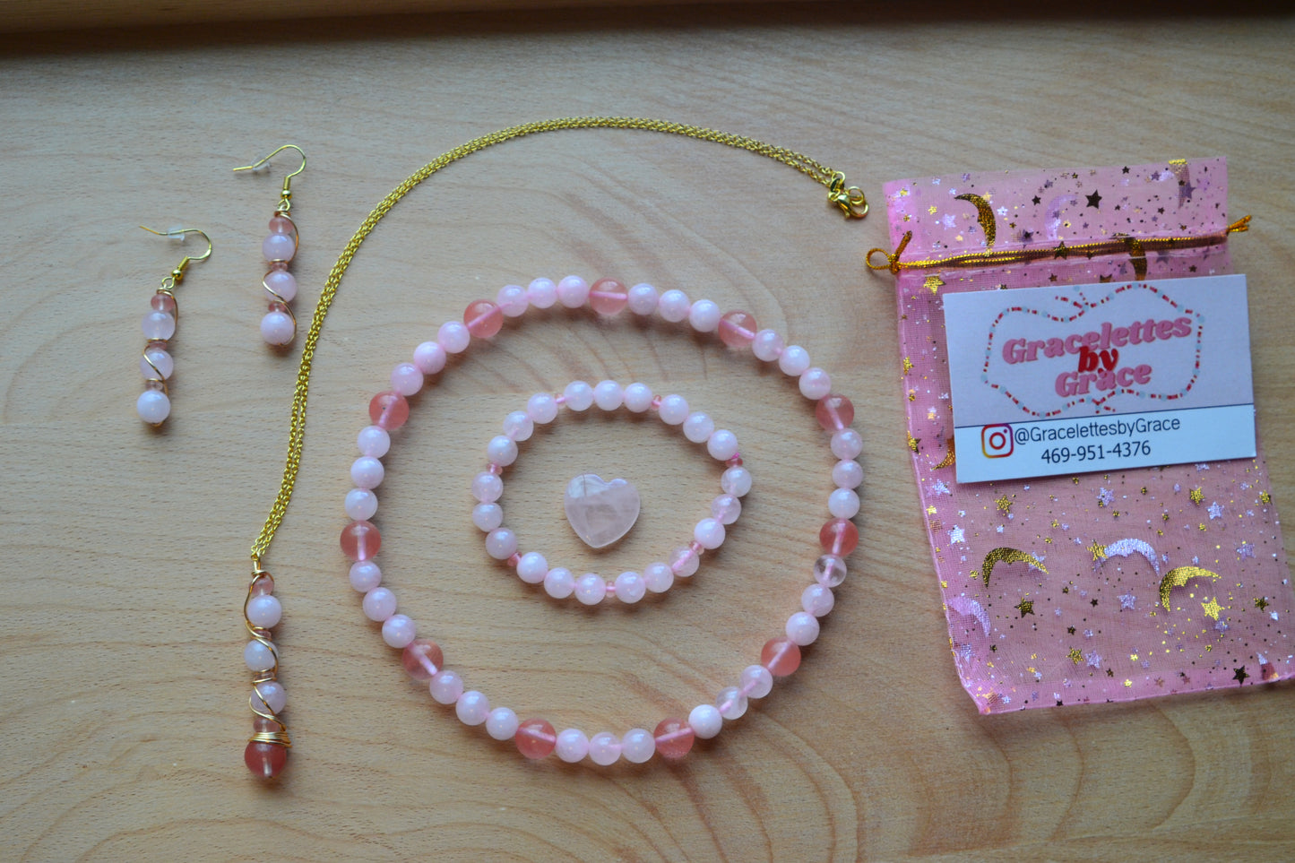 Cherry Quartz & Rose Quartz Set with Choker, Bracelet, Earrings, Necklace
