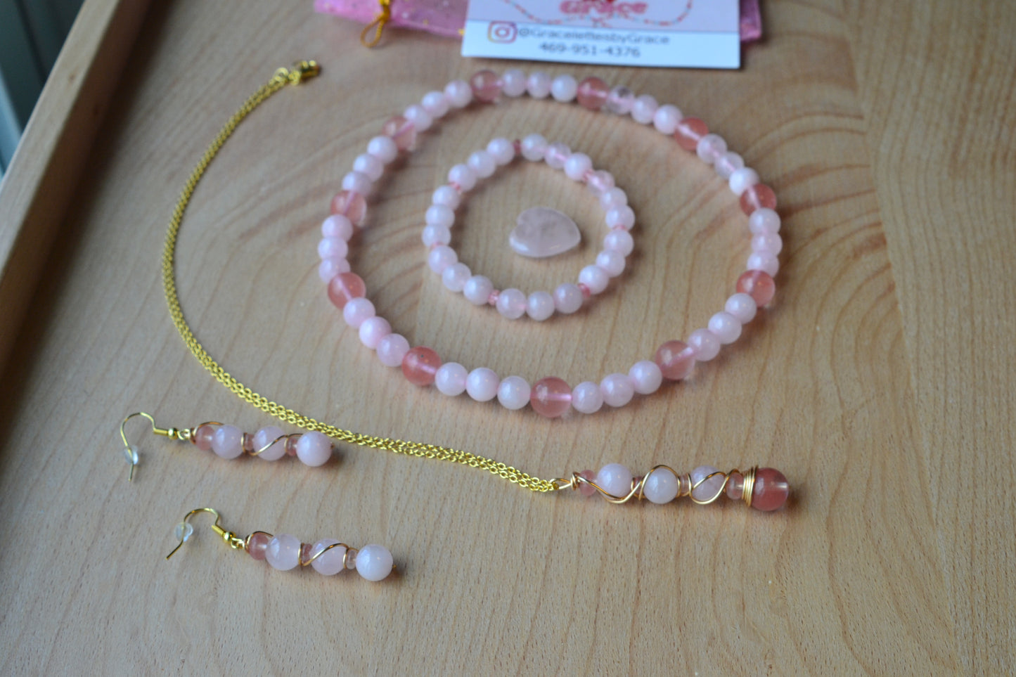 Cherry Quartz & Rose Quartz Set with Choker, Bracelet, Earrings, Necklace