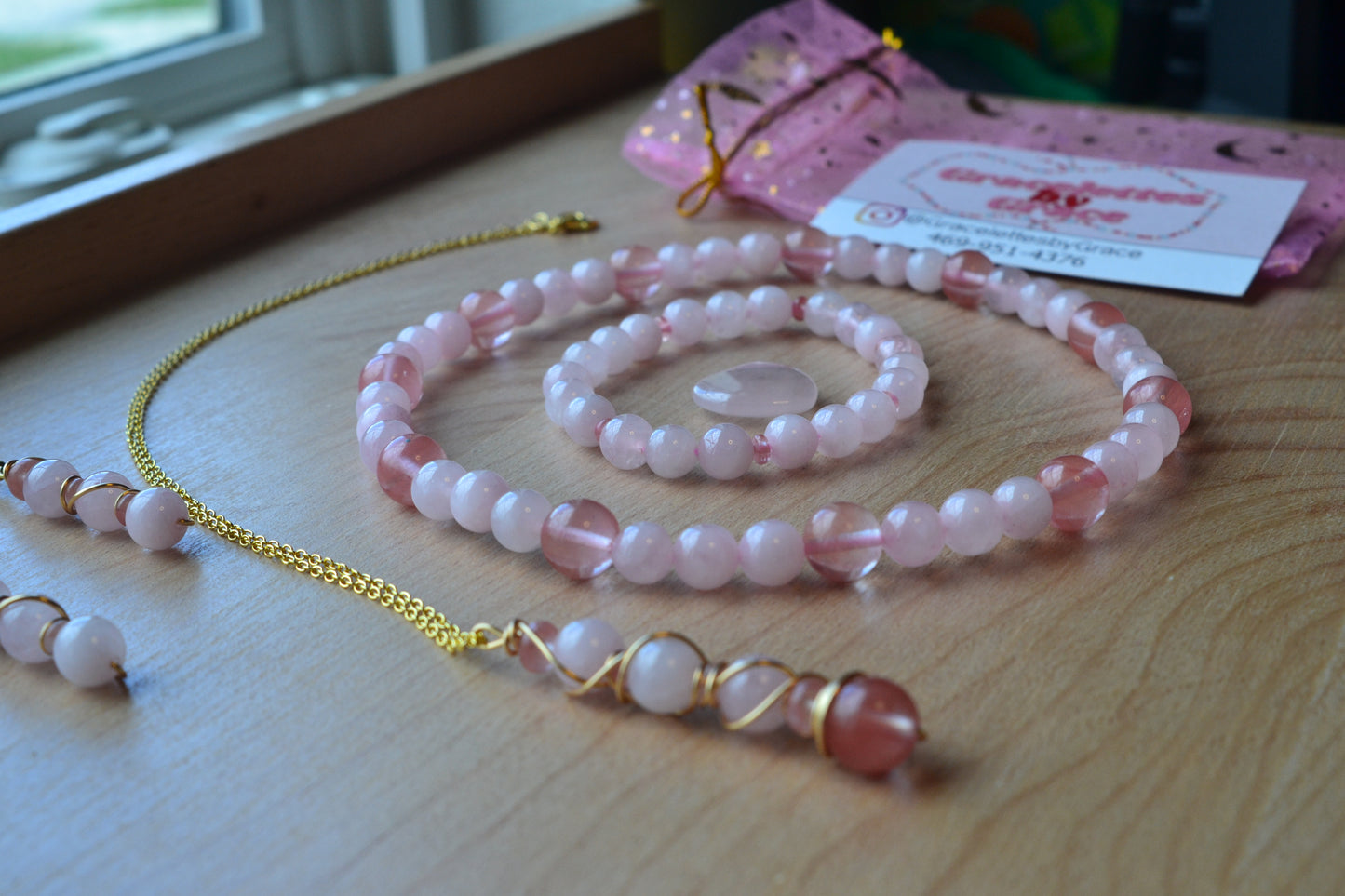 Cherry Quartz & Rose Quartz Set with Choker, Bracelet, Earrings, Necklace