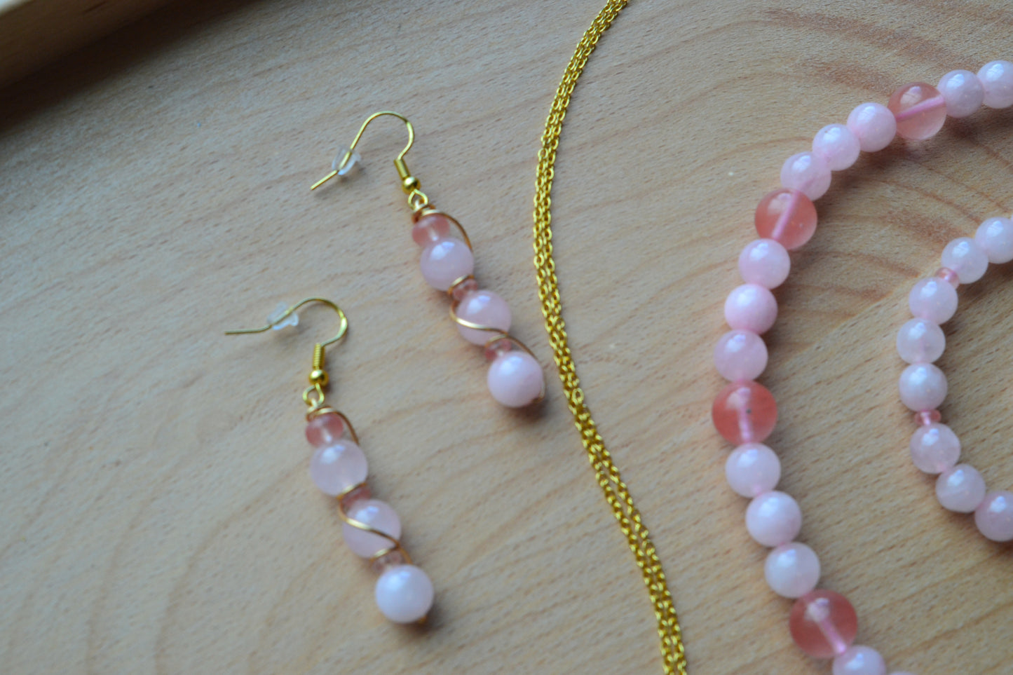 Cherry Quartz & Rose Quartz Set with Choker, Bracelet, Earrings, Necklace
