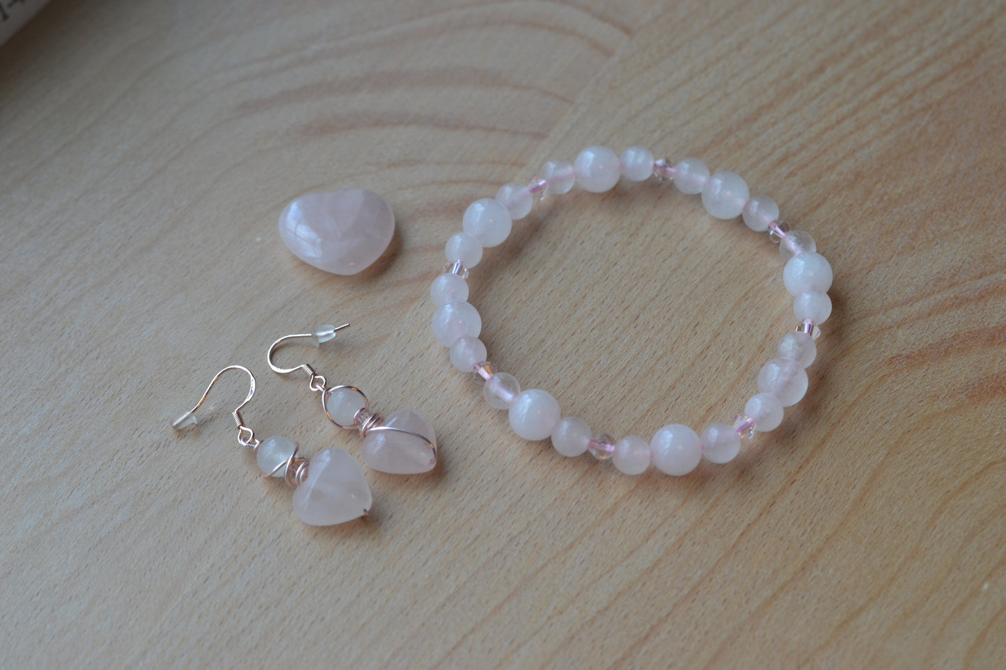 Rose Gold Rose Quartz Heart Earrings & Bracelet Set – Love & Sweetness