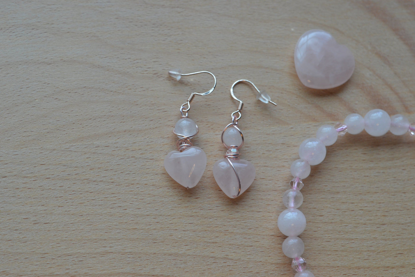 Rose Gold Rose Quartz Heart Earrings & Bracelet Set – Love & Sweetness