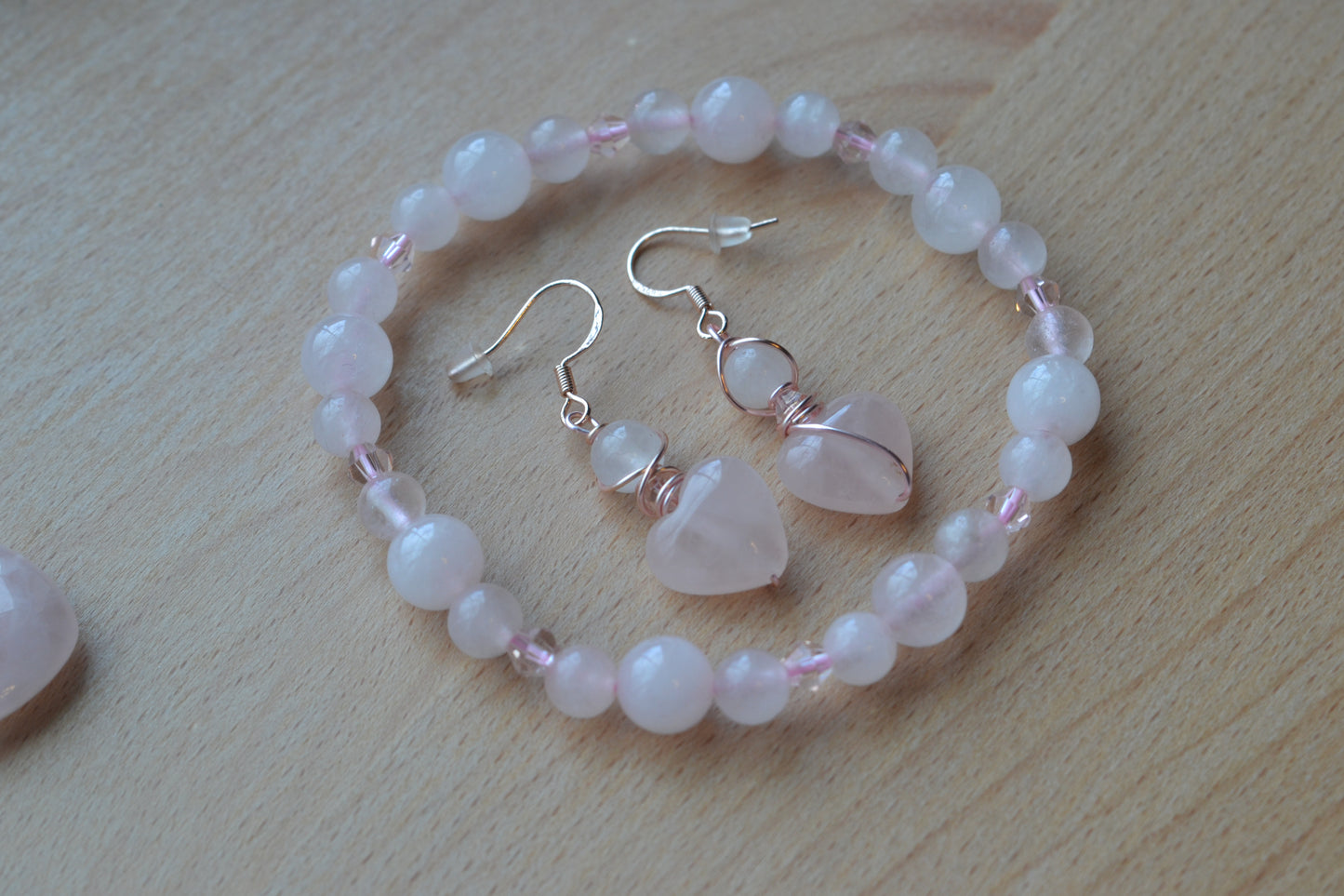 Rose Gold Rose Quartz Heart Earrings & Bracelet Set – Love & Sweetness