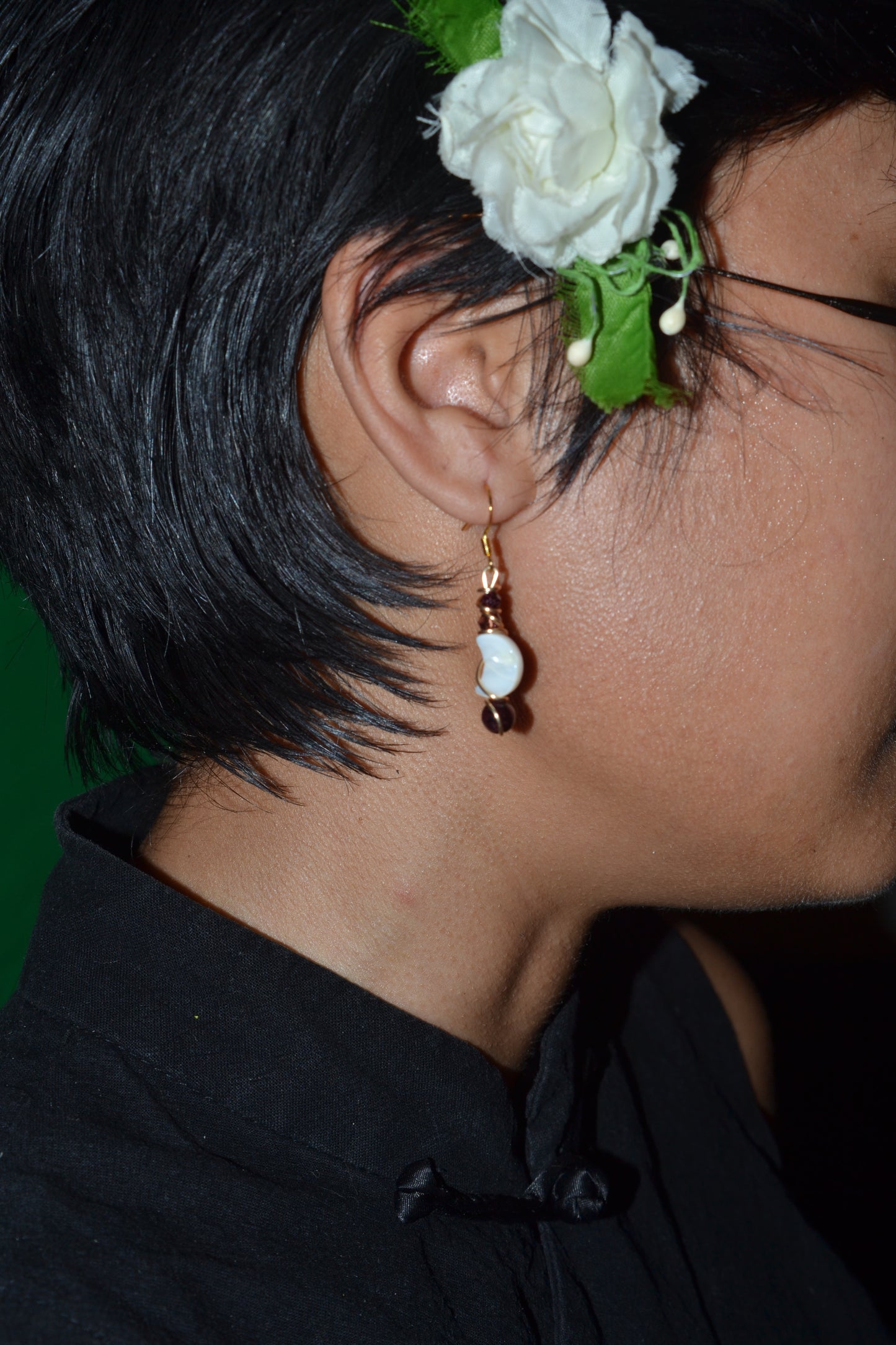 Mother of Pearl Moon & Garnet Gold Wrapped Earrings – Elegant Purple Crystal Drops