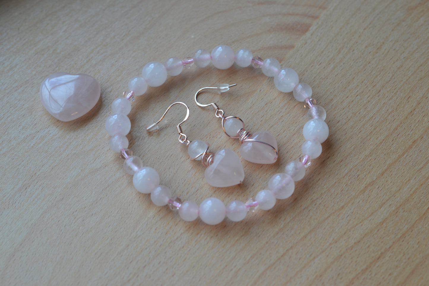 Rose Gold Rose Quartz Heart Earrings & Bracelet Set – Love & Sweetness
