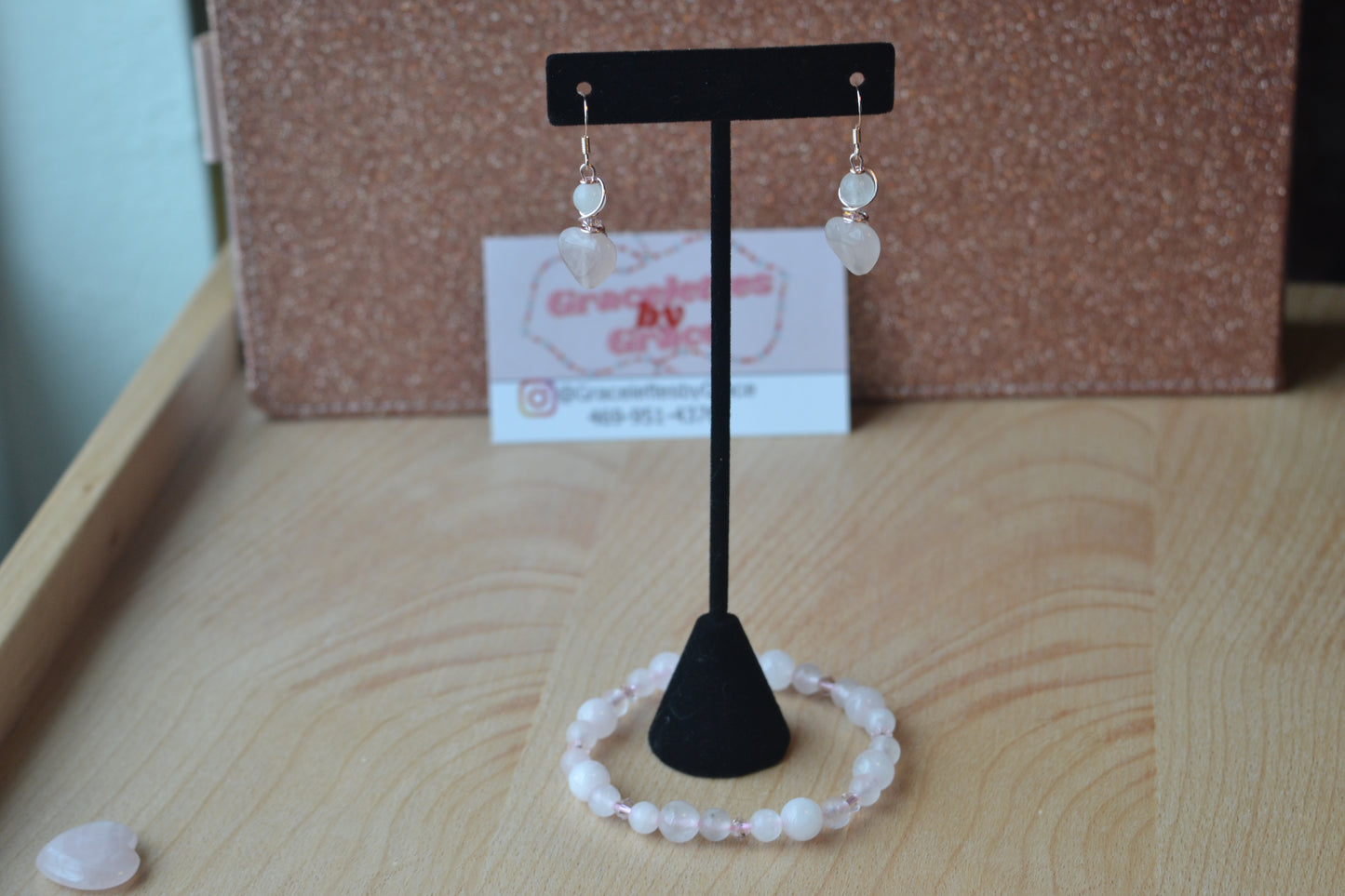 Rose Gold Rose Quartz Heart Earrings & Bracelet Set – Love & Sweetness