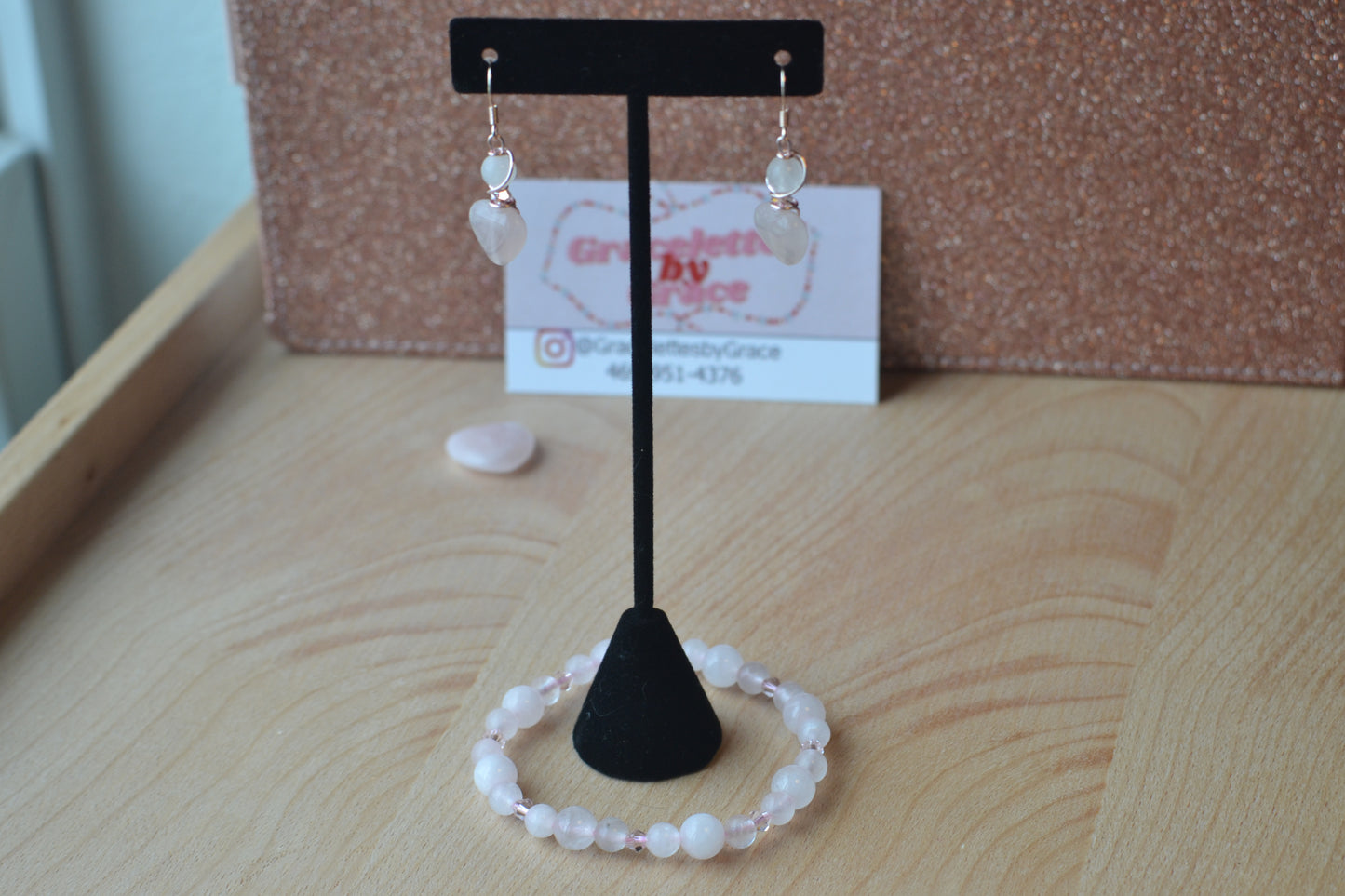Rose Gold Rose Quartz Heart Earrings & Bracelet Set – Love & Sweetness