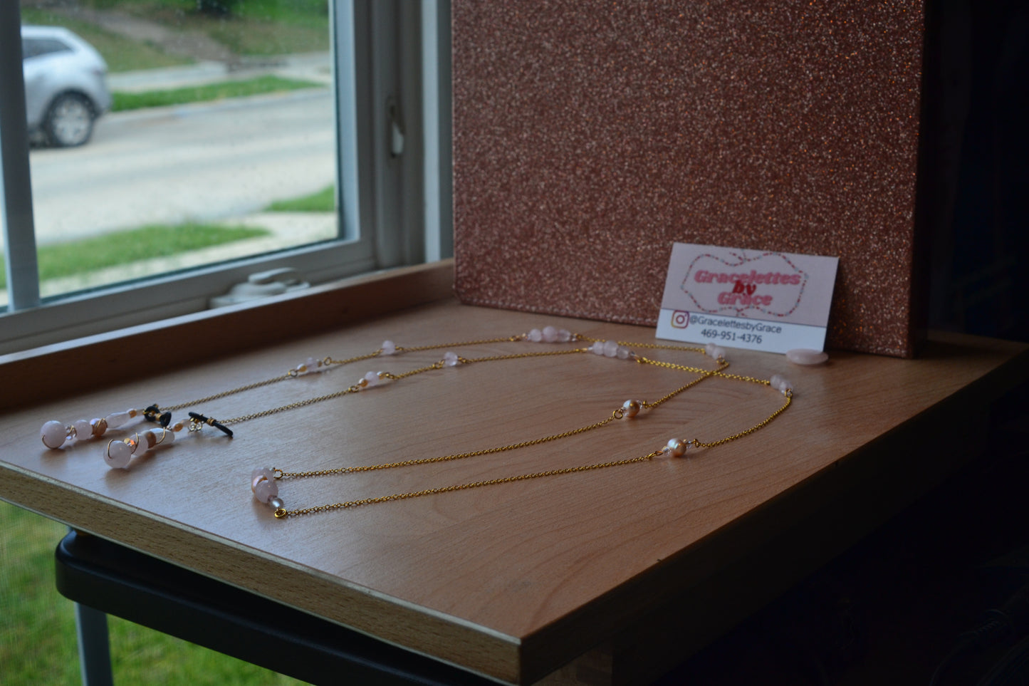 Rose Quartz & Pearl Glasses Chain – 14k Gold Plated, For Love, Beauty & Divine Vision