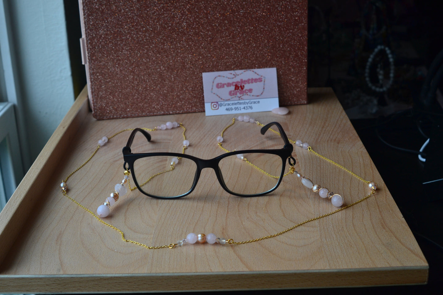 Rose Quartz & Pearl Glasses Chain – 14k Gold Plated, For Love, Beauty & Divine Vision