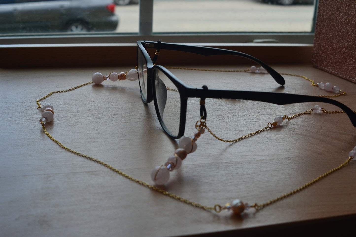 Rose Quartz & Pearl Glasses Chain – 14k Gold Plated, For Love, Beauty & Divine Vision