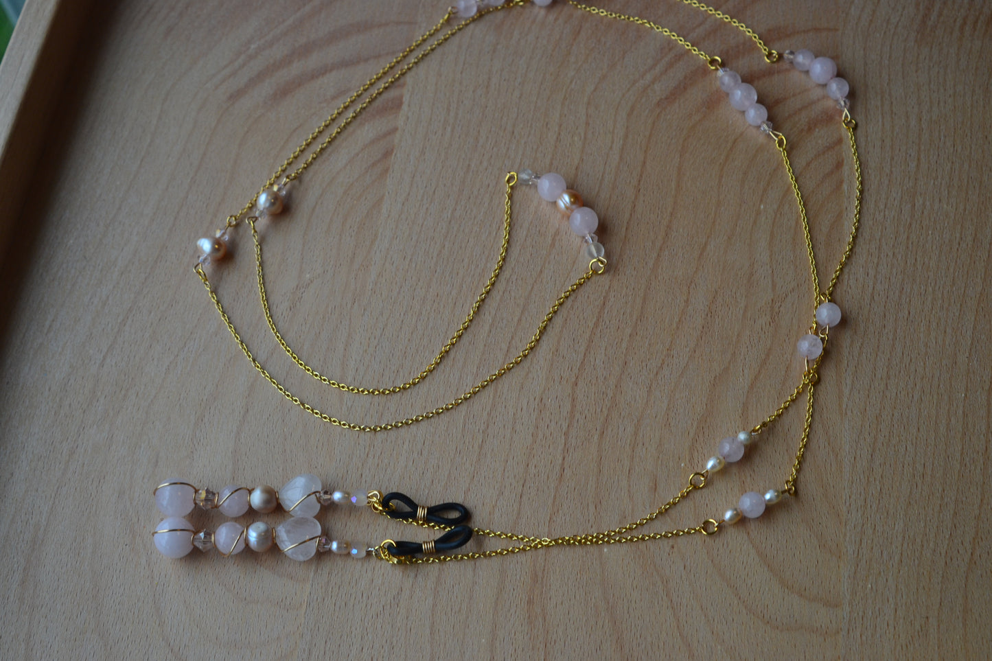 Rose Quartz & Pearl Glasses Chain – 14k Gold Plated, For Love, Beauty & Divine Vision