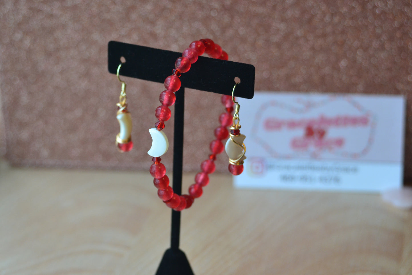 Cherry Quartz & Mother of Pearl Moon Jewelry Set – For Confidence & Radiant Power