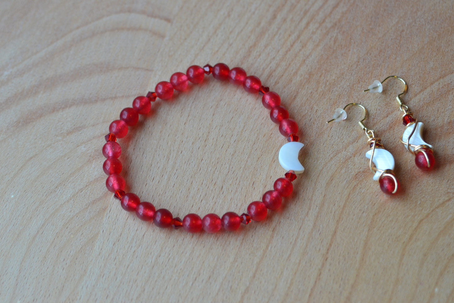 Cherry Quartz & Mother of Pearl Moon Jewelry Set – For Confidence & Radiant Power