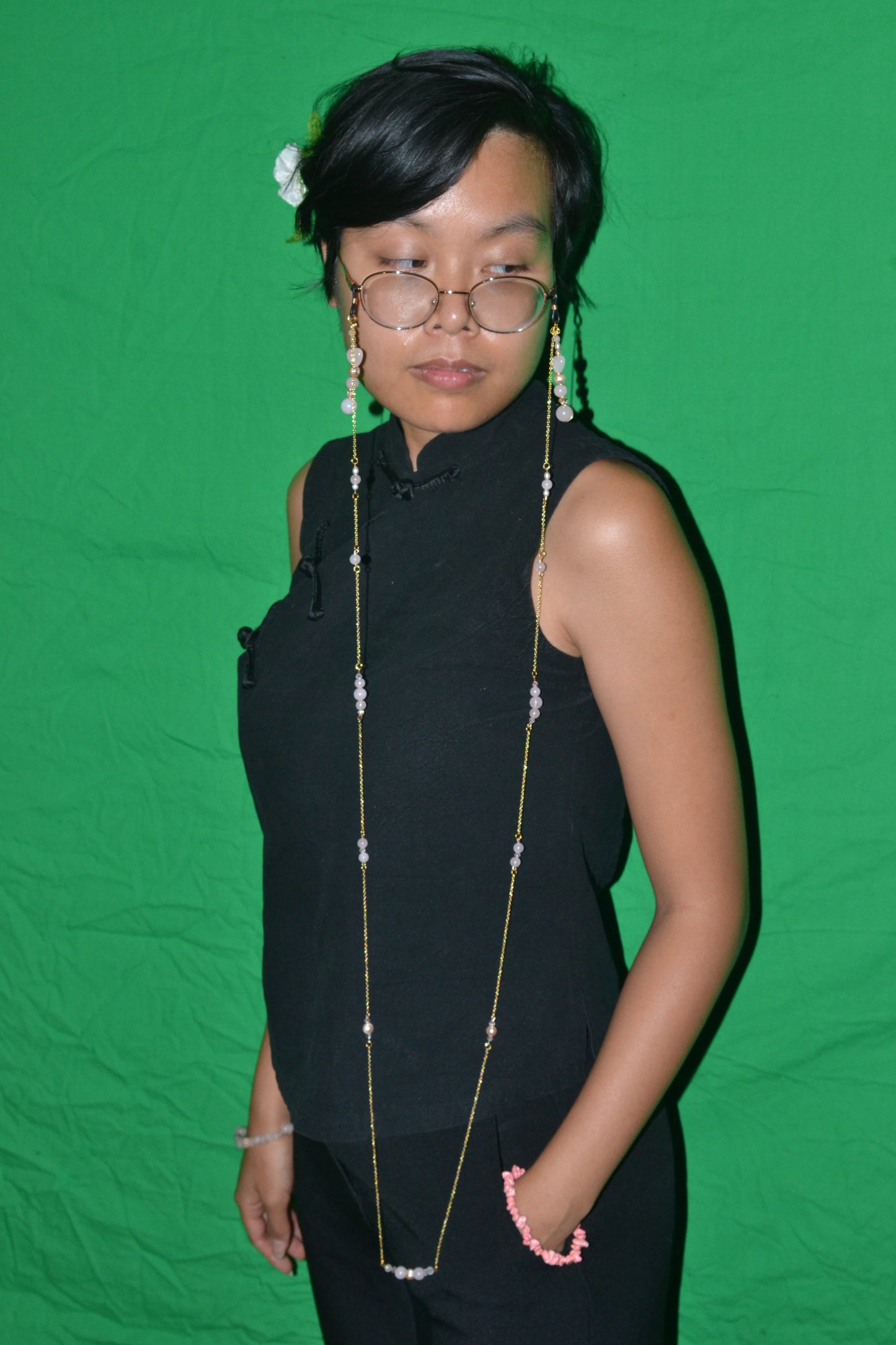 Rose Quartz & Pearl Glasses Chain – 14k Gold Plated, For Love, Beauty & Divine Vision