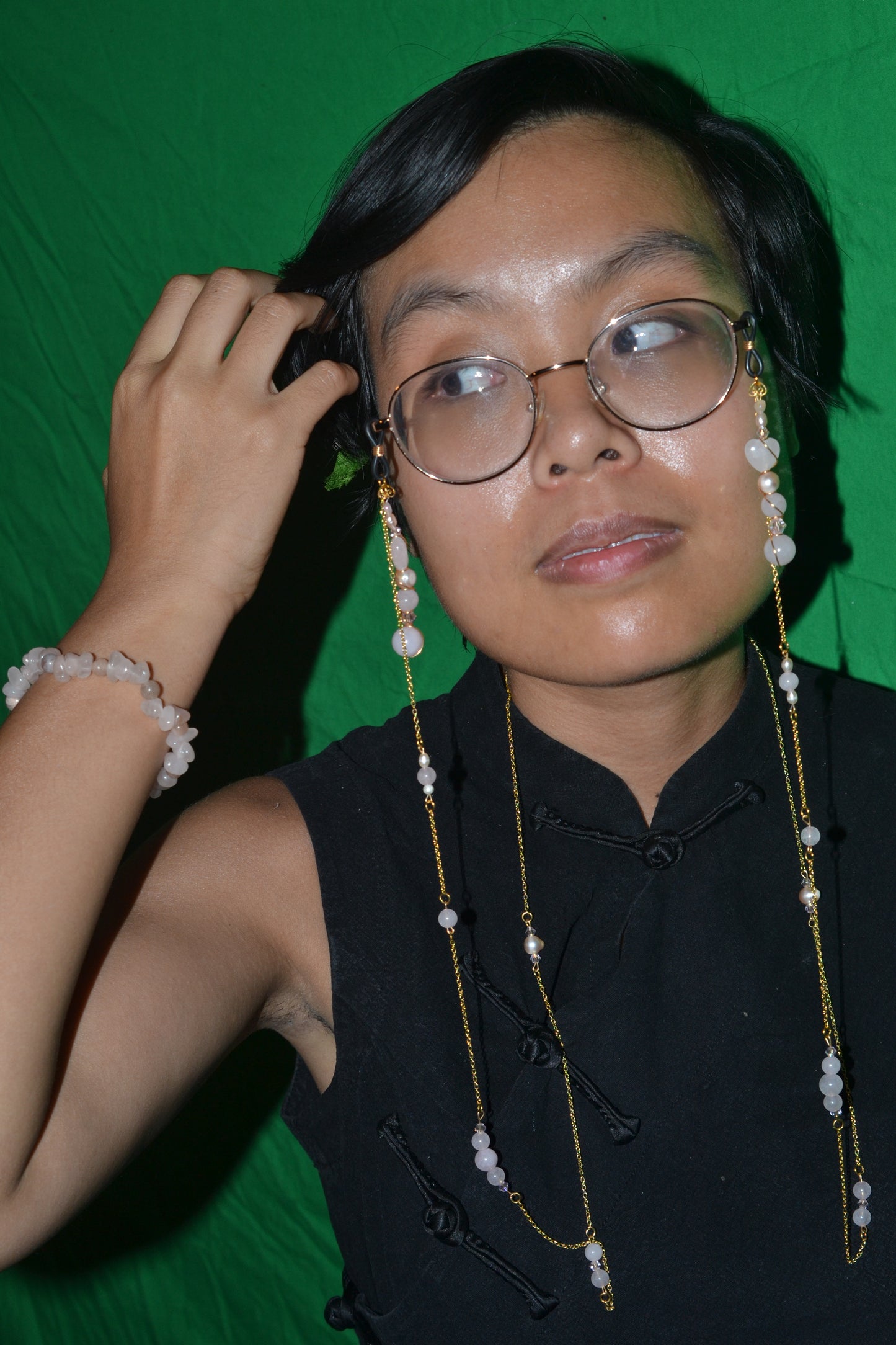 Rose Quartz & Pearl Glasses Chain – 14k Gold Plated, For Love, Beauty & Divine Vision