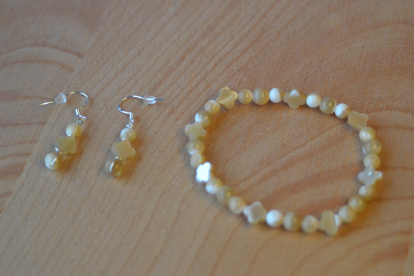 Yellow Mother of Pearl Bracelet & Earring Set – Sterling Silver Wrapped Luck & Light