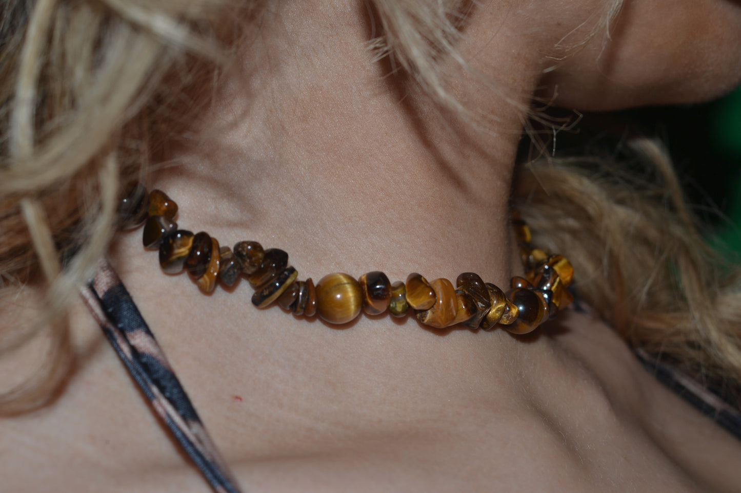 Tiger’s Eye Chip Choker with 8mm Round Spacers – Bold Energy (16”)