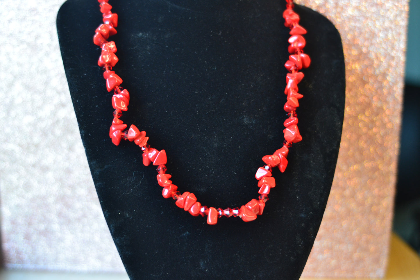 Red Coral & Crystal Necklace – 16" | Handmade Statement Jewelry for Confidence & Vitality