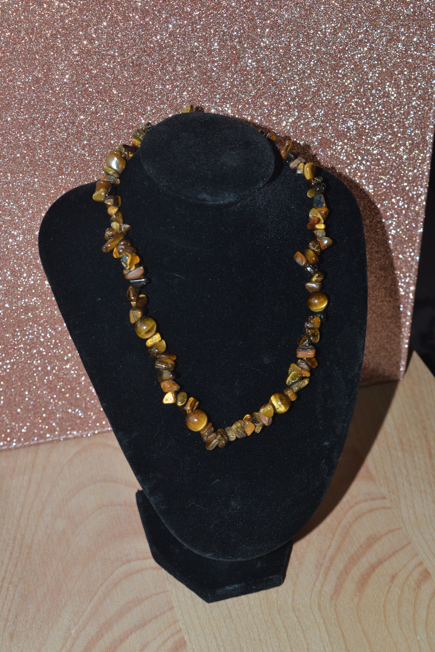 Tiger’s Eye Chip Choker with 8mm Round Spacers – Bold Energy (16”)