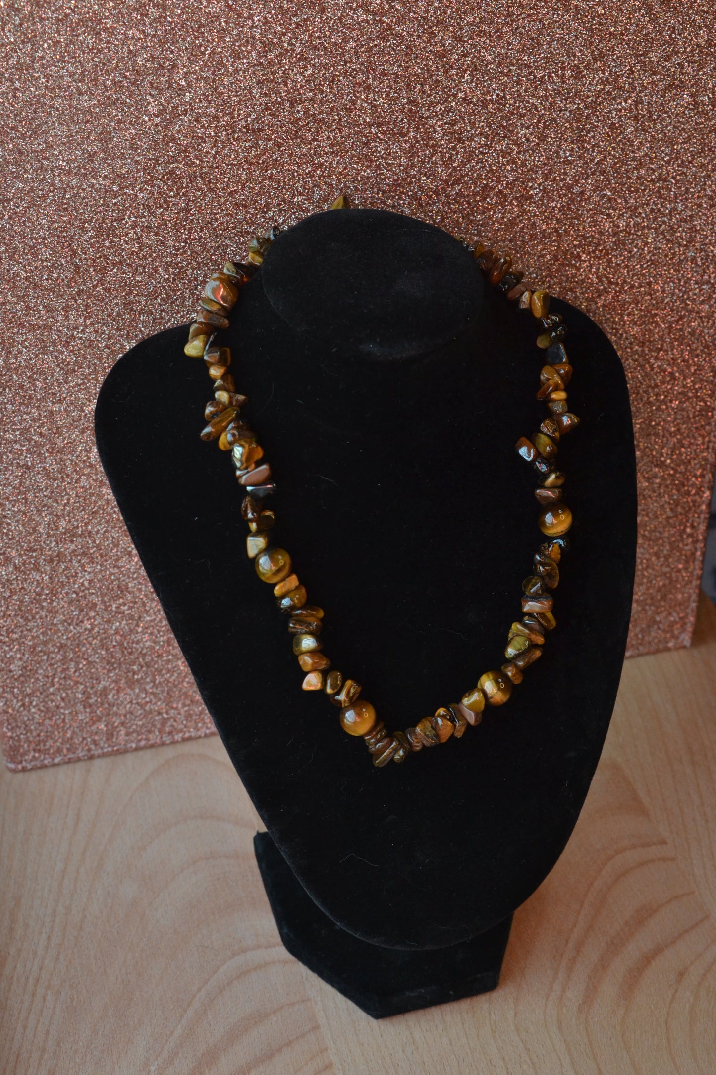 Tiger’s Eye Chip Choker with 8mm Round Spacers – Bold Energy (16”)