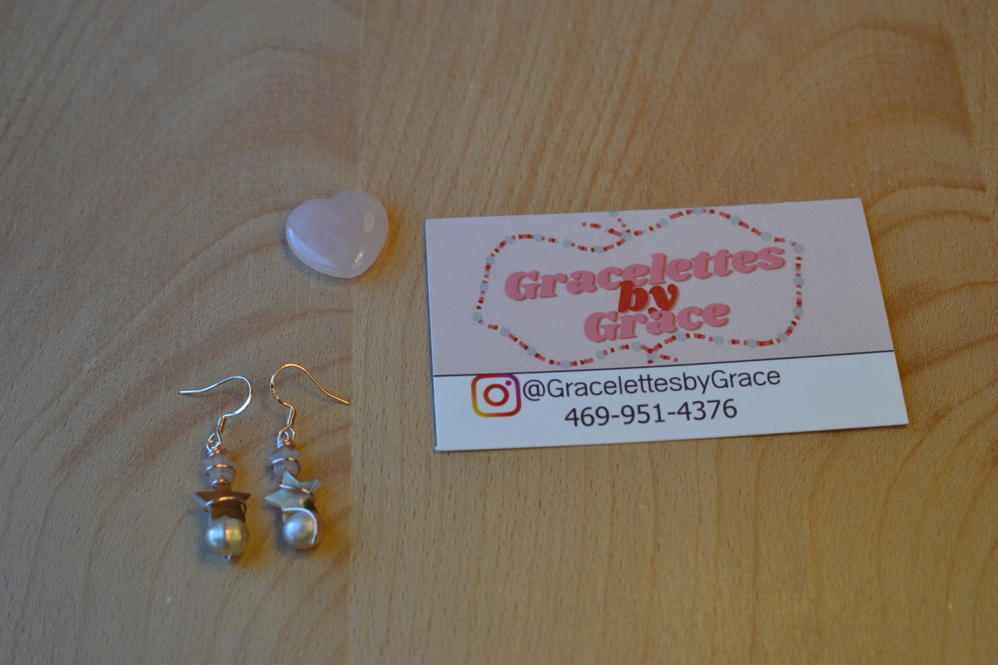 Double Star Earrings – Strawberry Quartz, Mother of Pearl & Freshwater Pearl in Rose Gold
