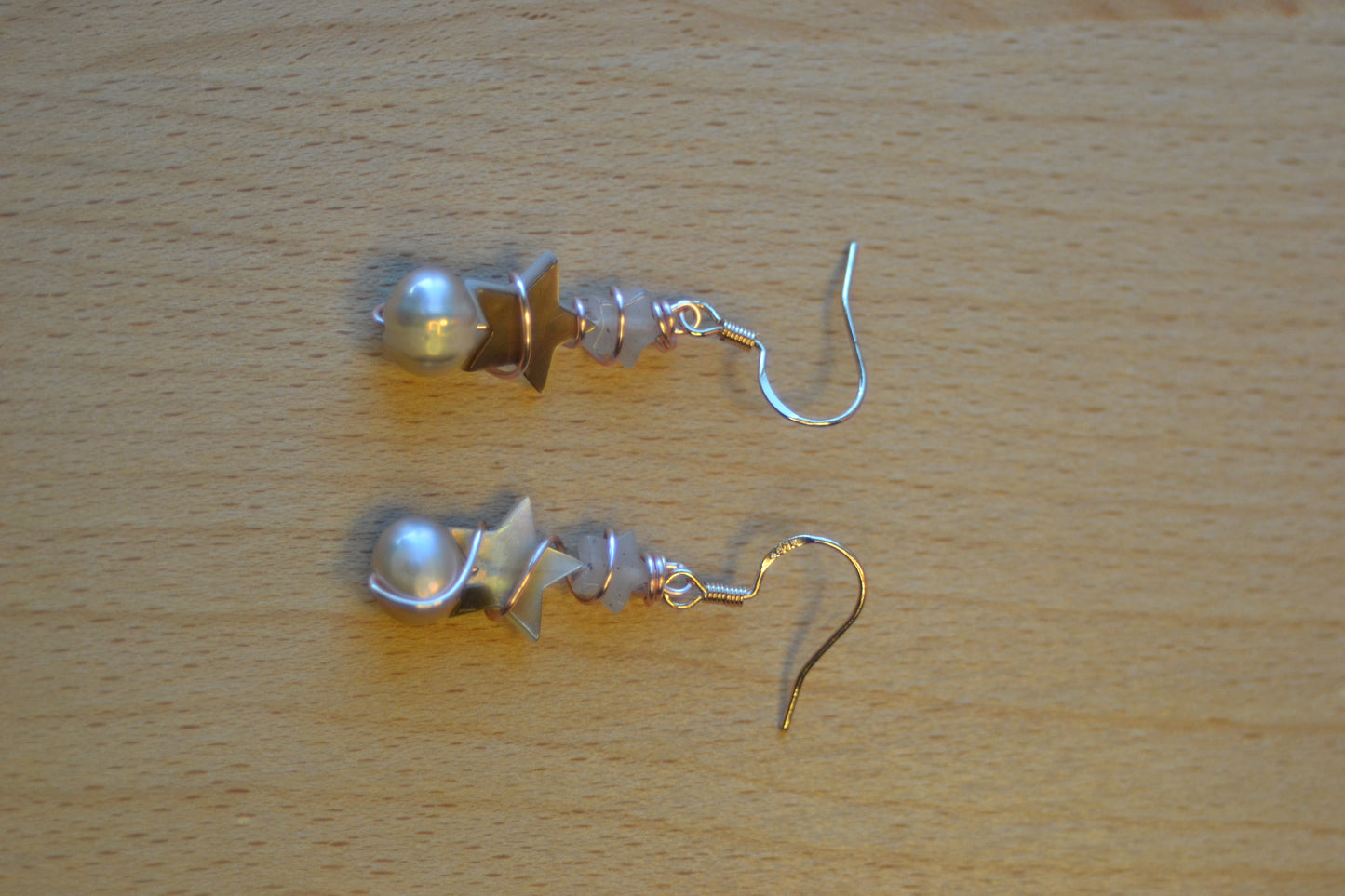 Double Star Earrings – Strawberry Quartz, Mother of Pearl & Freshwater Pearl in Rose Gold